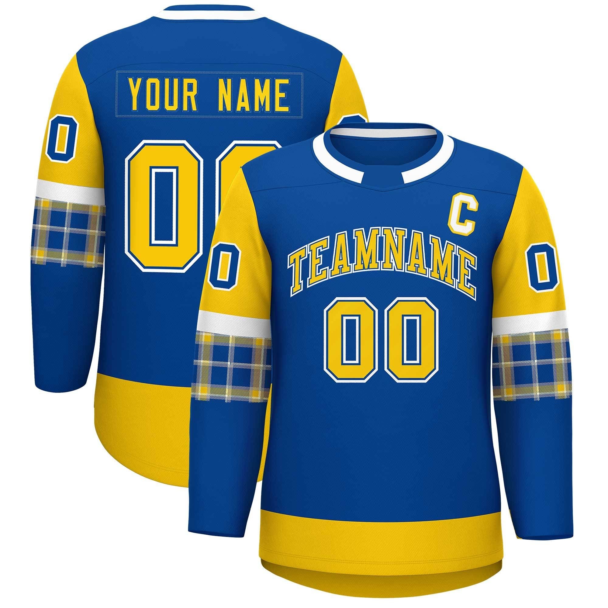 Custom Royal Gold Personalized Raglan Sleeves Round-Neck Hockey Jersey