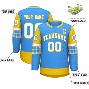 Custom Powder Blue Gold Personalized Raglan Sleeves Round-Neck Hockey Jersey