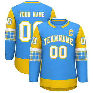 Custom Powder Blue Gold Personalized Raglan Sleeves Round-Neck Hockey Jersey