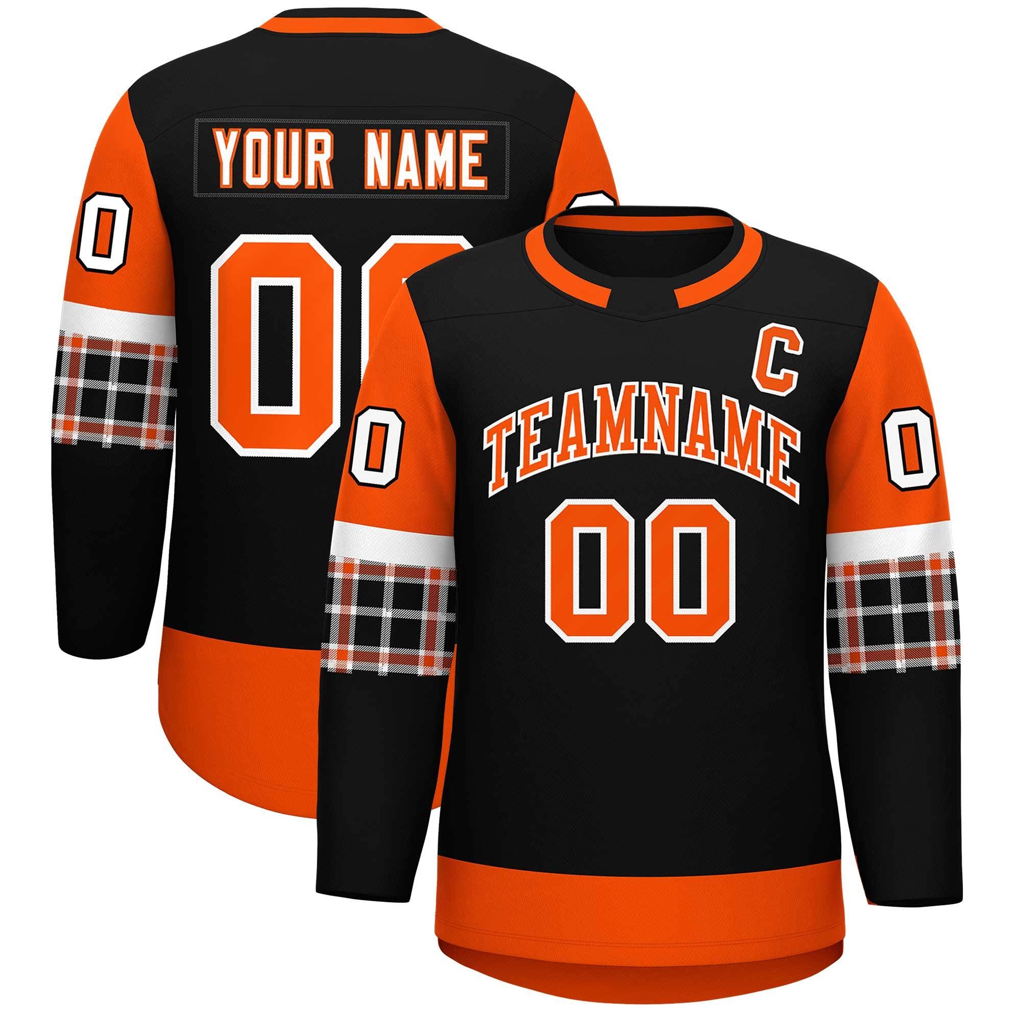 Custom Black Orange Personalized Raglan Sleeves Round-Neck Hockey Jersey