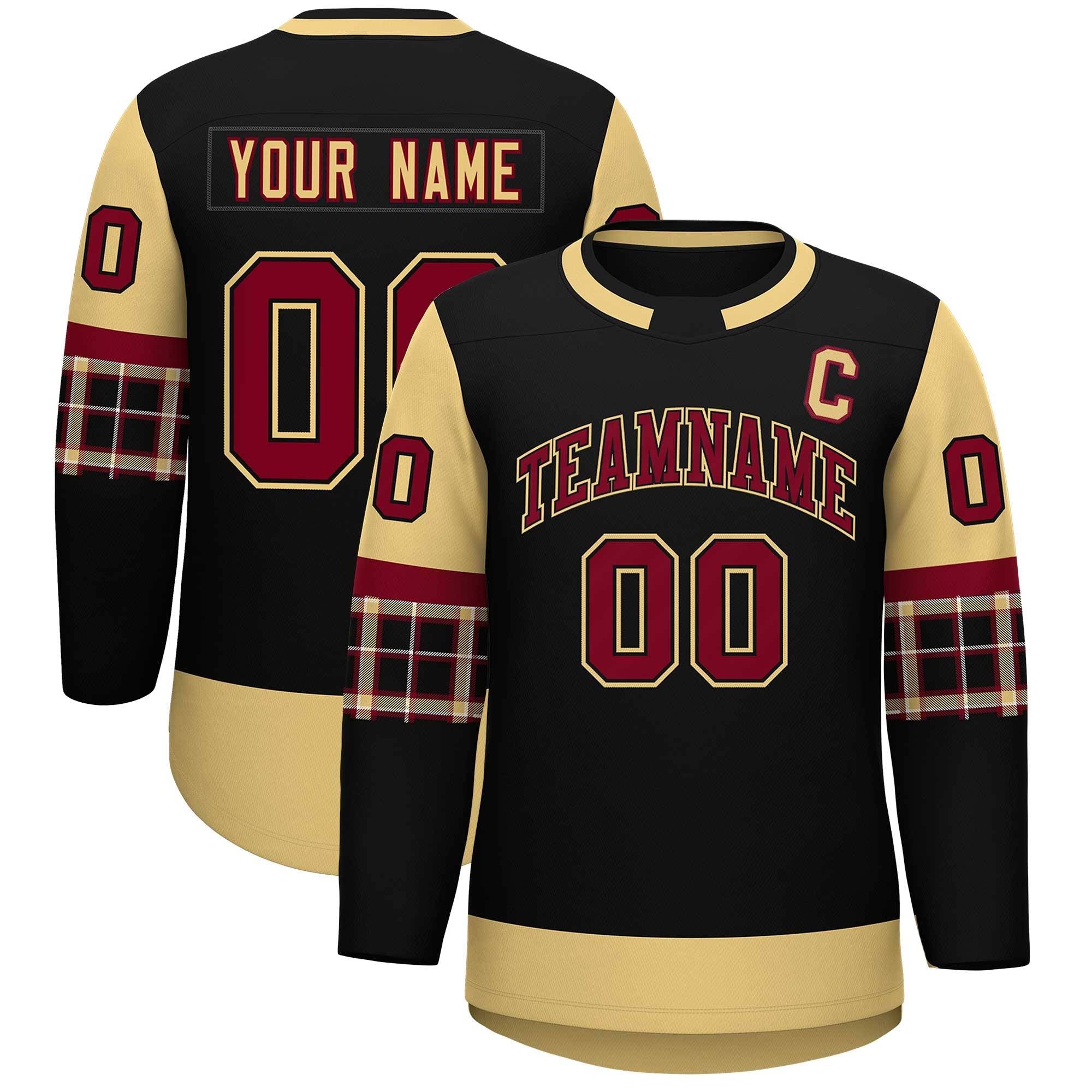 Custom Black Khaki Personalized Raglan Sleeves Round-Neck Hockey Jersey