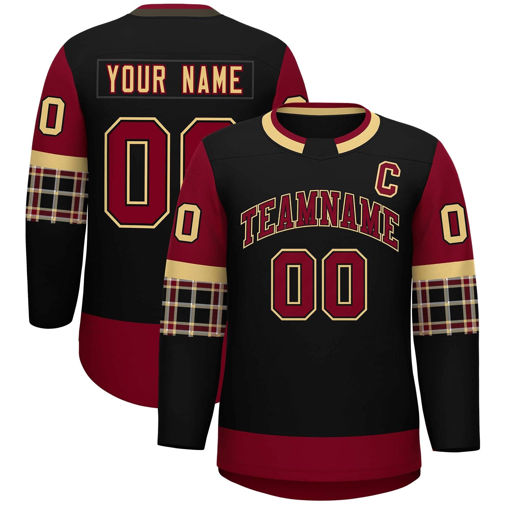 Custom Black Crimson Personalized Raglan Sleeves Round-Neck Hockey Jersey