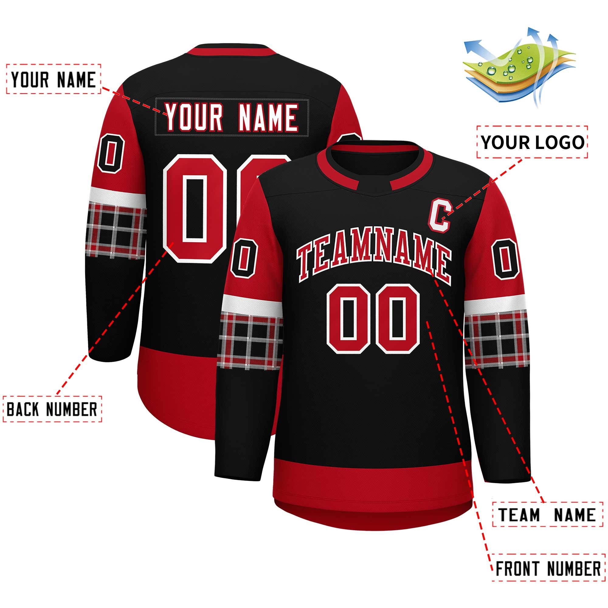 Custom Black Red Personalized Raglan Sleeves Round-Neck Hockey Jersey