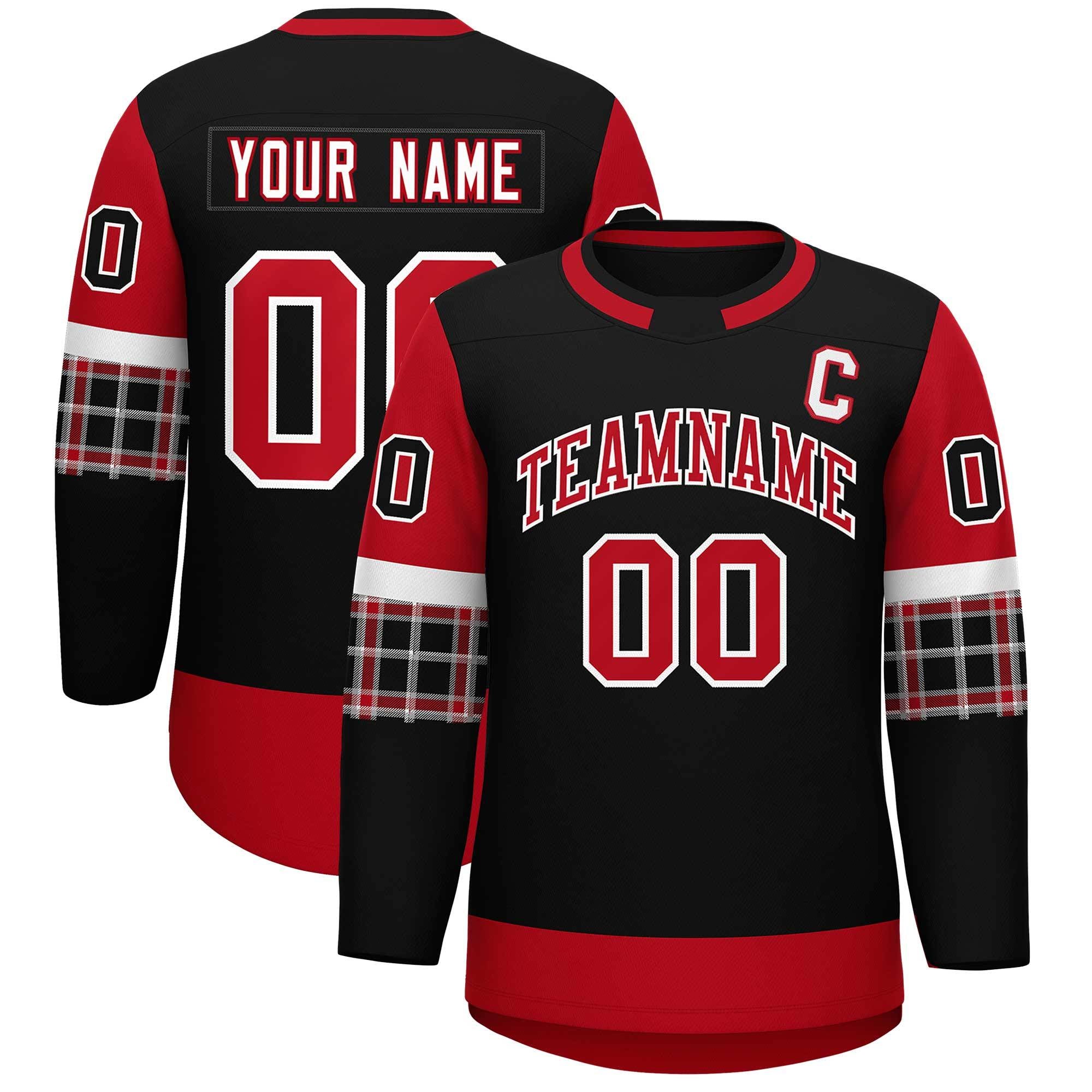 Custom Black Red Personalized Raglan Sleeves Round-Neck Hockey Jersey