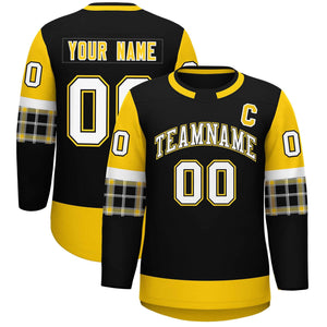 Custom Black Gold Personalized Raglan Sleeves Round-Neck Hockey Jersey