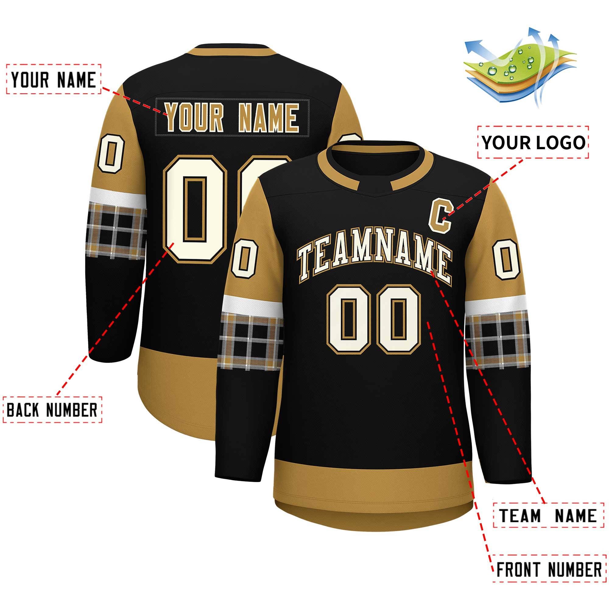 Custom Black Old Gold Personalized Raglan Sleeves Round-Neck Hockey Jersey