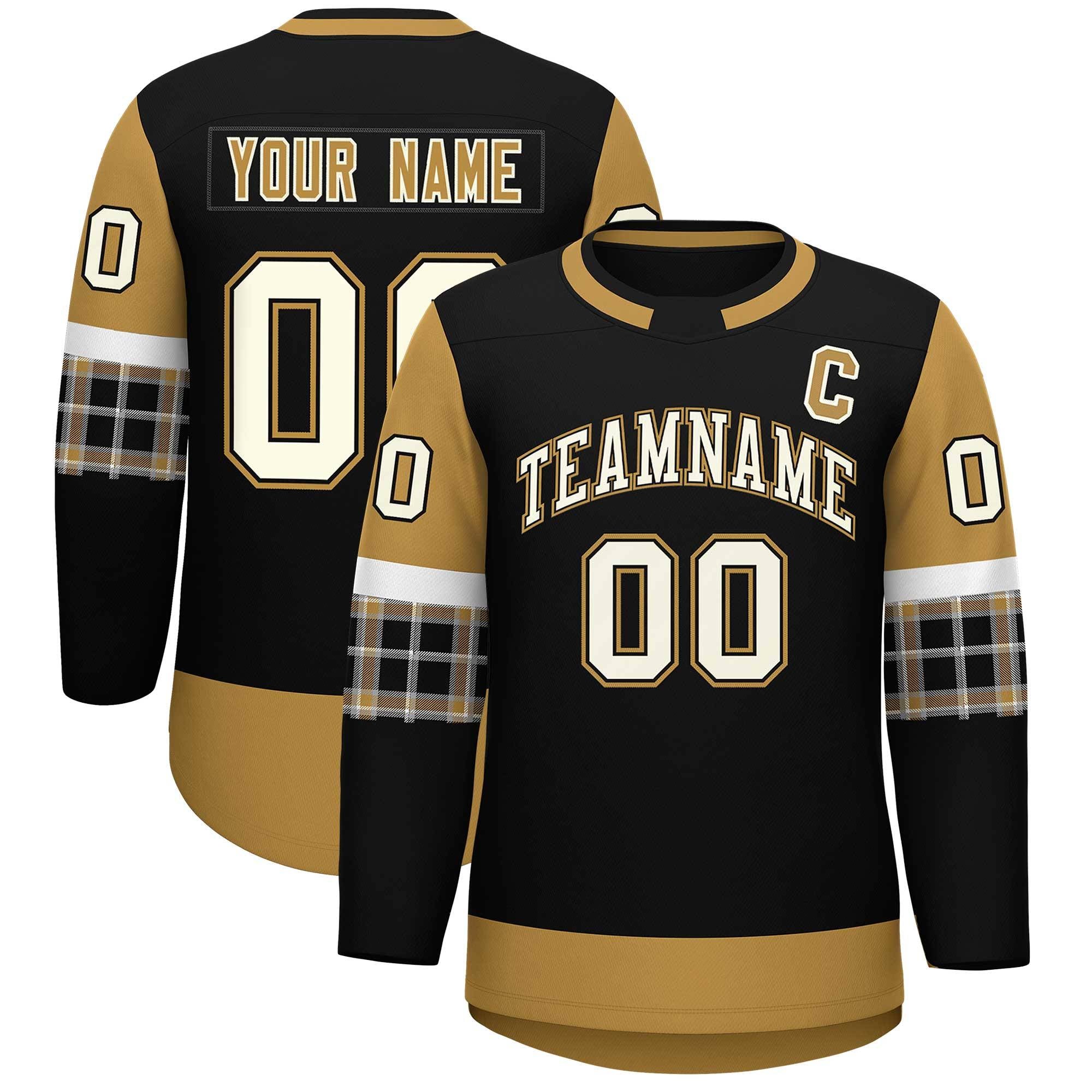 Custom Black Old Gold Personalized Raglan Sleeves Round-Neck Hockey Jersey