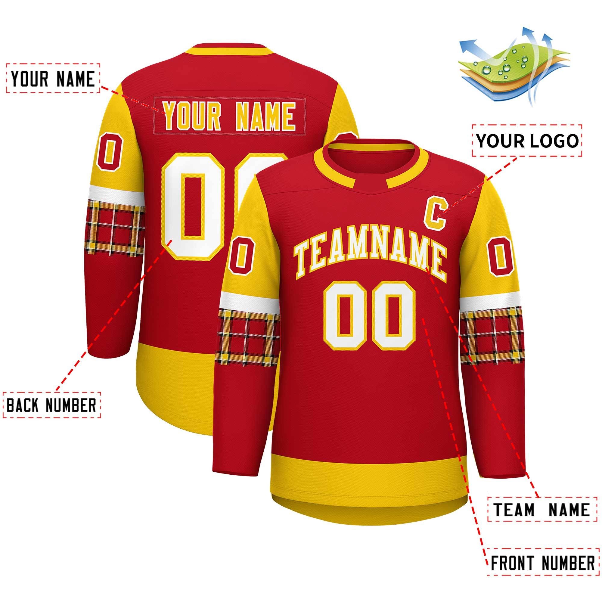 Custom Red Gold Personalized Raglan Sleeves Round-Neck Hockey Jersey