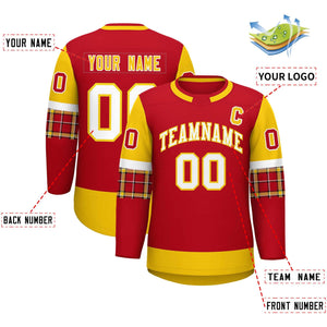 Custom Red Gold Personalized Raglan Sleeves Round-Neck Hockey Jersey