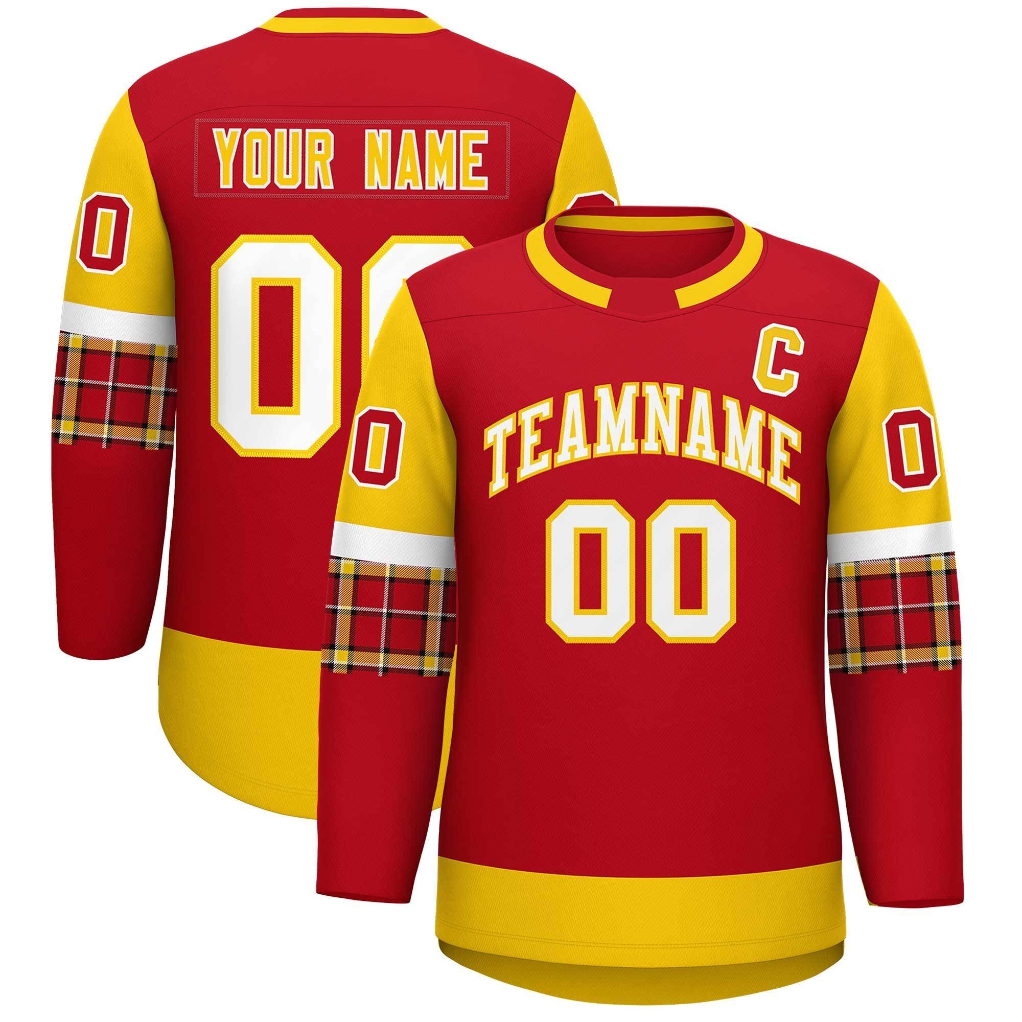 Custom Red Gold Personalized Raglan Sleeves Round-Neck Hockey Jersey