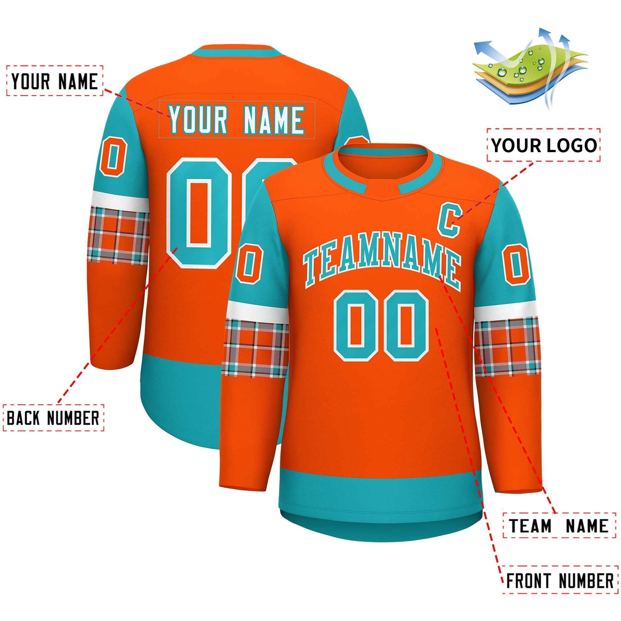 Custom Orange Aqua Personalized Raglan Sleeves Round-Neck Hockey Jersey