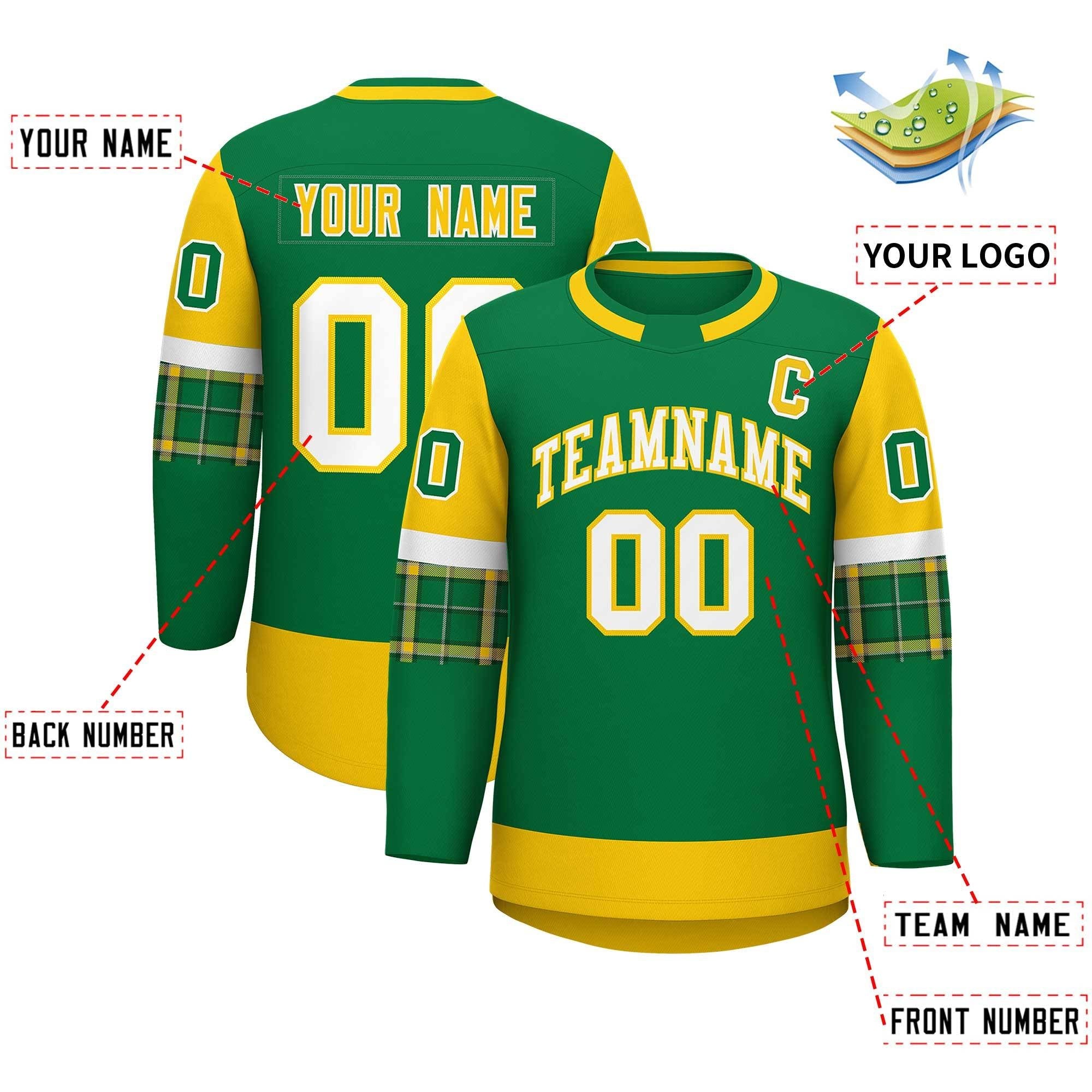 Custom Kelly Green Gold Personalized Raglan Sleeves Round-Neck Hockey Jersey