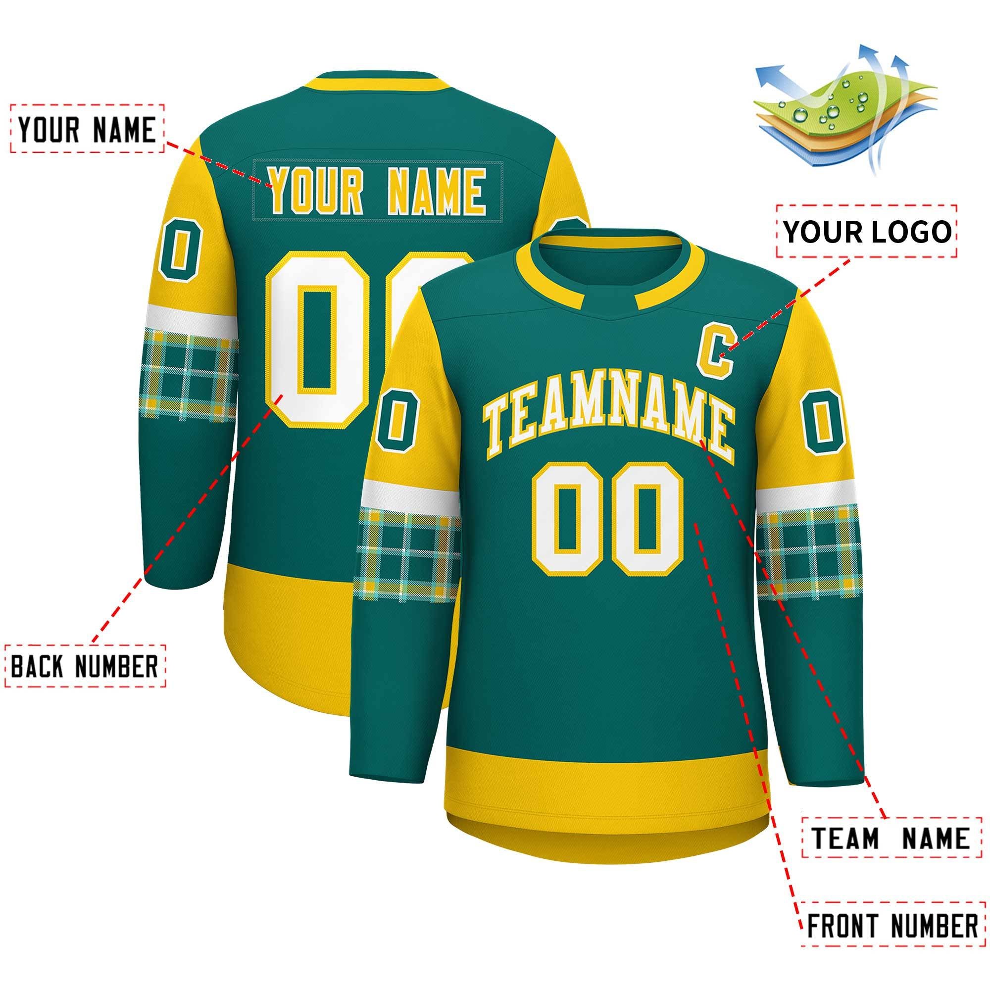 Custom Aqua Gold Personalized Raglan Sleeves Round-Neck Hockey Jersey