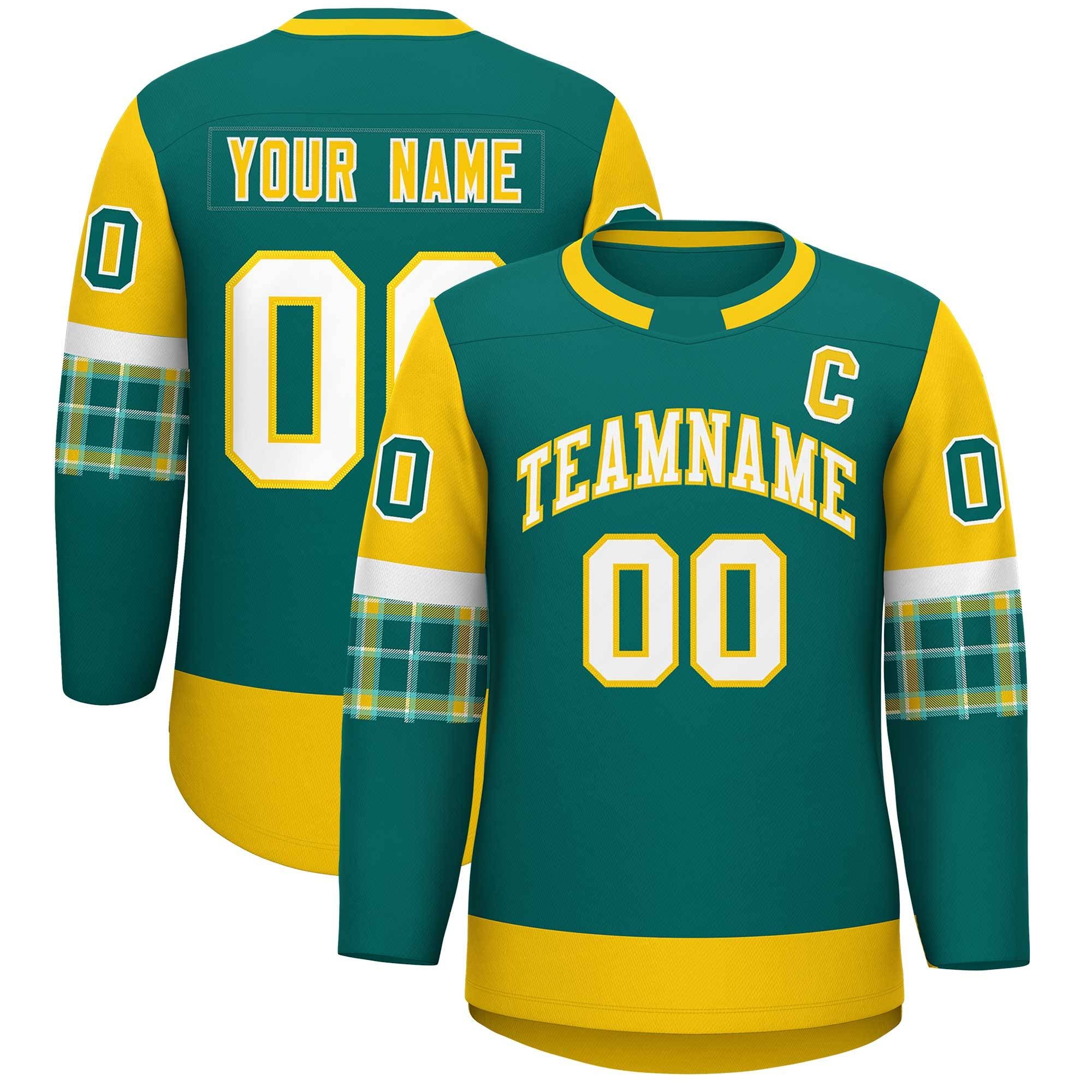 Custom Aqua Gold Personalized Raglan Sleeves Round-Neck Hockey Jersey