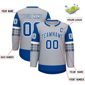 Custom Gray Royal Personalized Raglan Sleeves Round-Neck Hockey Jersey