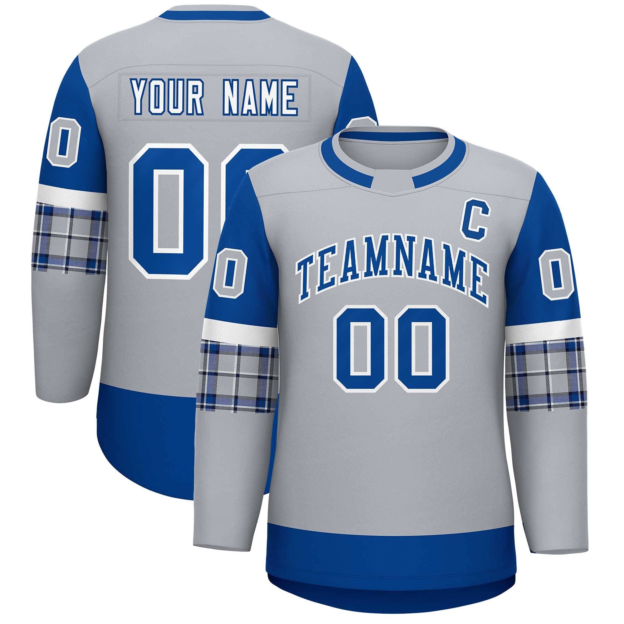 Custom Gray Royal Personalized Raglan Sleeves Round-Neck Hockey Jersey