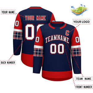 Custom Navy Red Personalized Raglan Sleeves Round-Neck Hockey Jersey