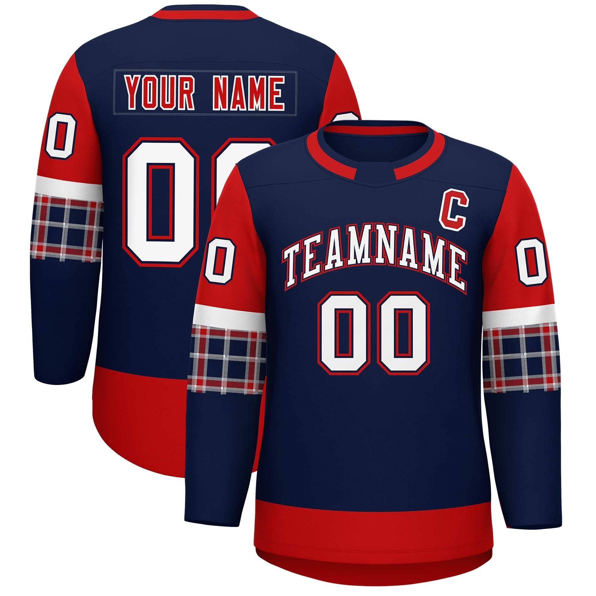 Custom Navy Red Personalized Raglan Sleeves Round-Neck Hockey Jersey