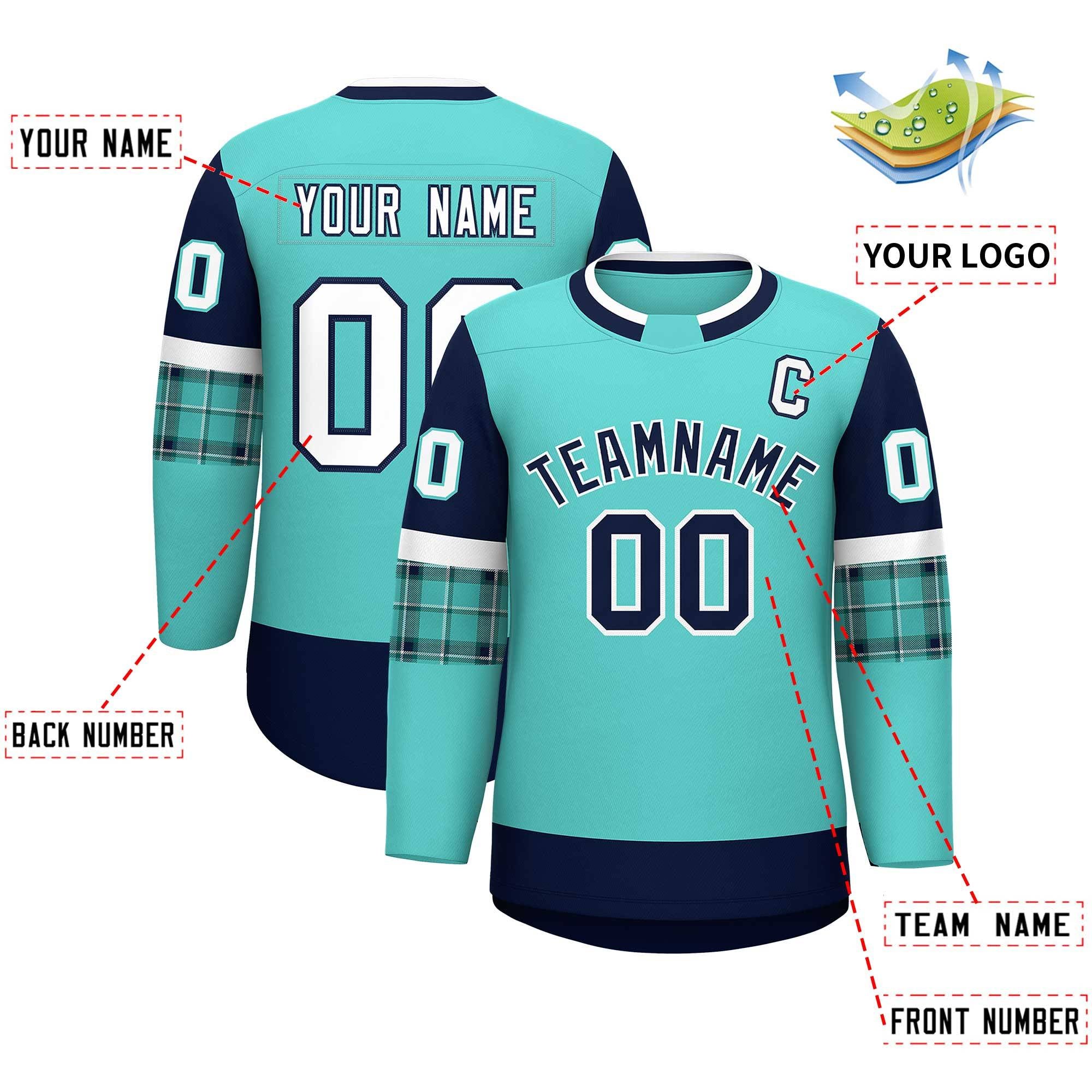 Custom Bright Green Navy Personalized Raglan Sleeves Round-Neck Hockey Jersey