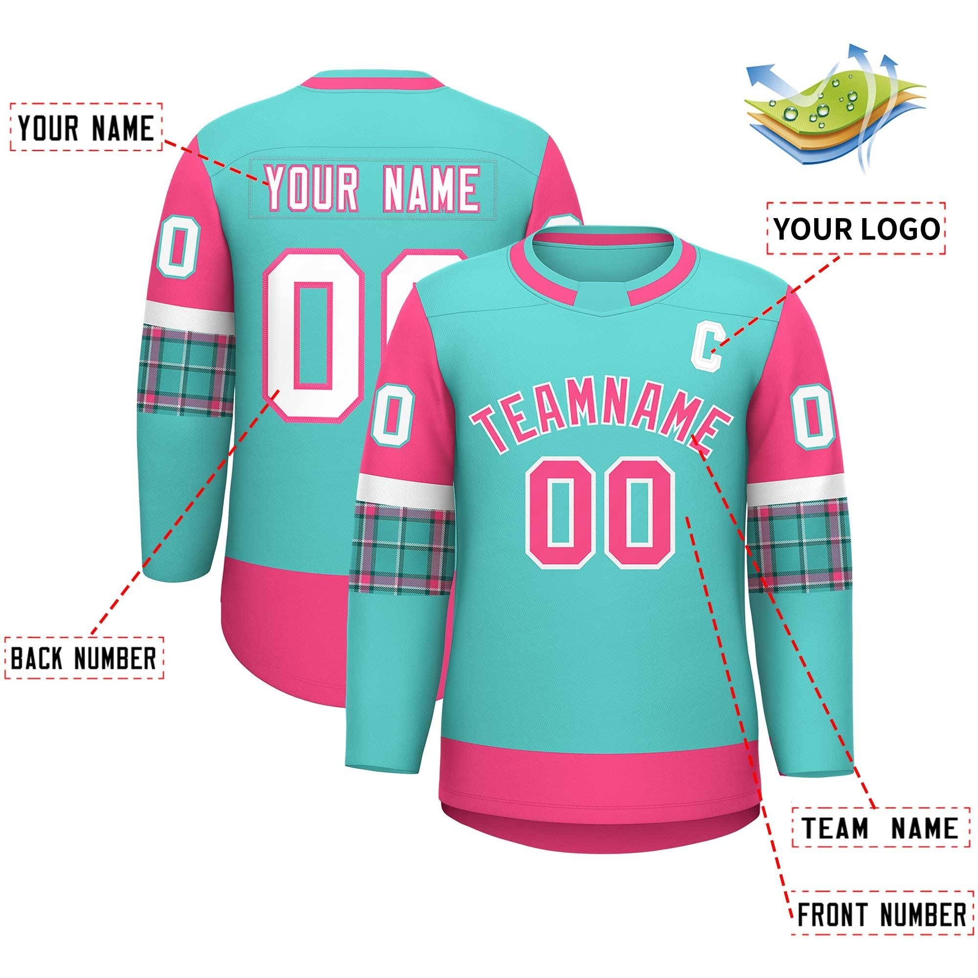 Custom Bright Green Pink Personalized Raglan Sleeves Round-Neck Hockey Jersey