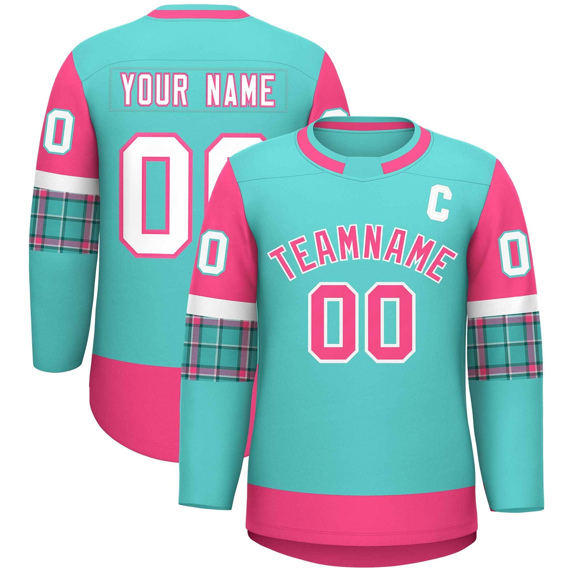 Custom Bright Green Pink Personalized Raglan Sleeves Round-Neck Hockey Jersey