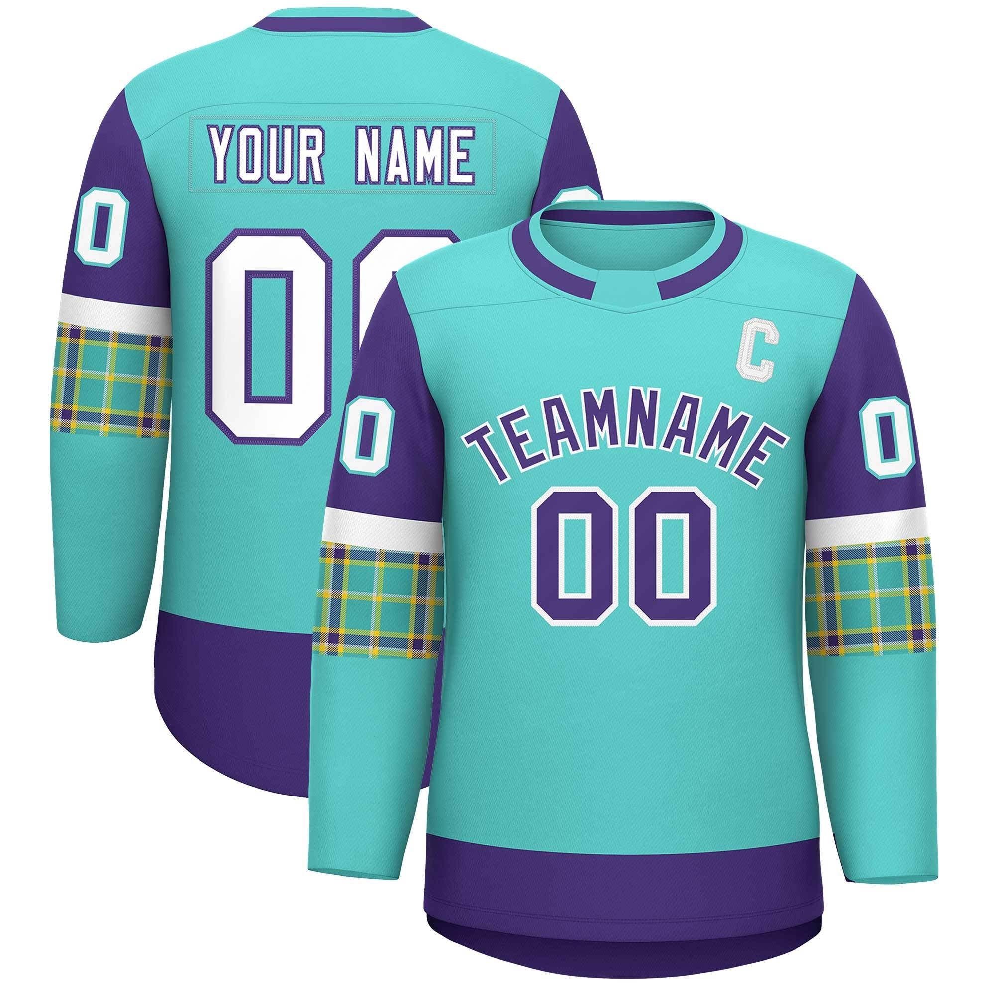 Custom Bright Green Purple Personalized Raglan Sleeves Round-Neck Hockey Jersey