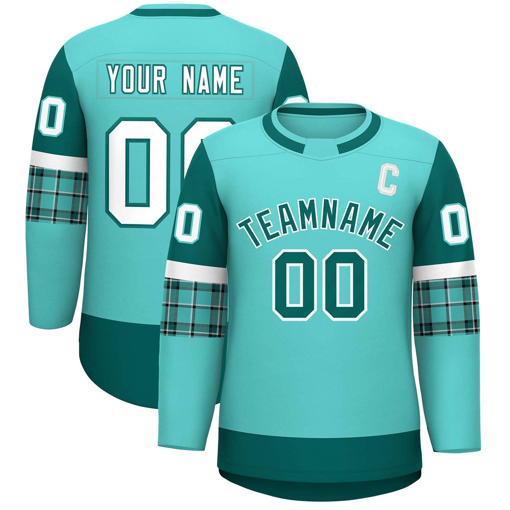 Custom Bright Green Aqua Personalized Raglan Sleeves Round-Neck Hockey Jersey