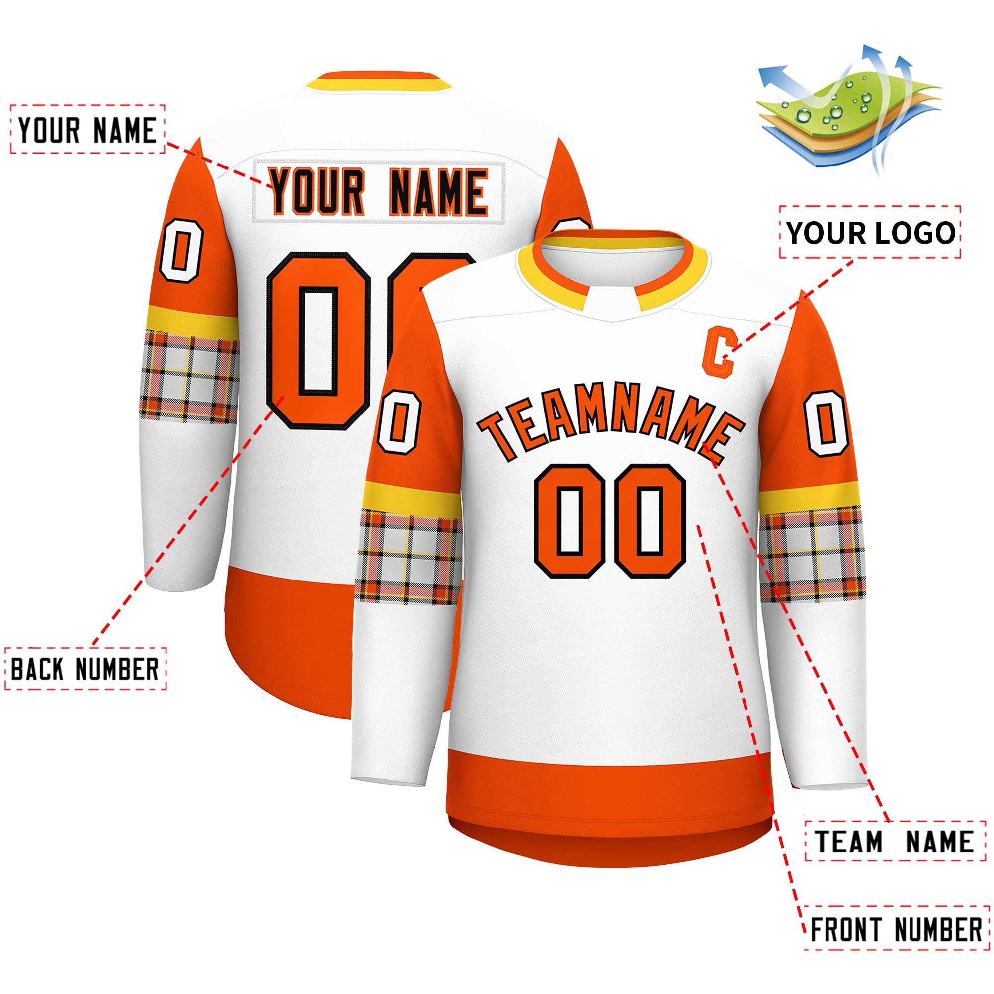 Custom White Orange Personalized Raglan Sleeves Round-Neck Hockey Jersey