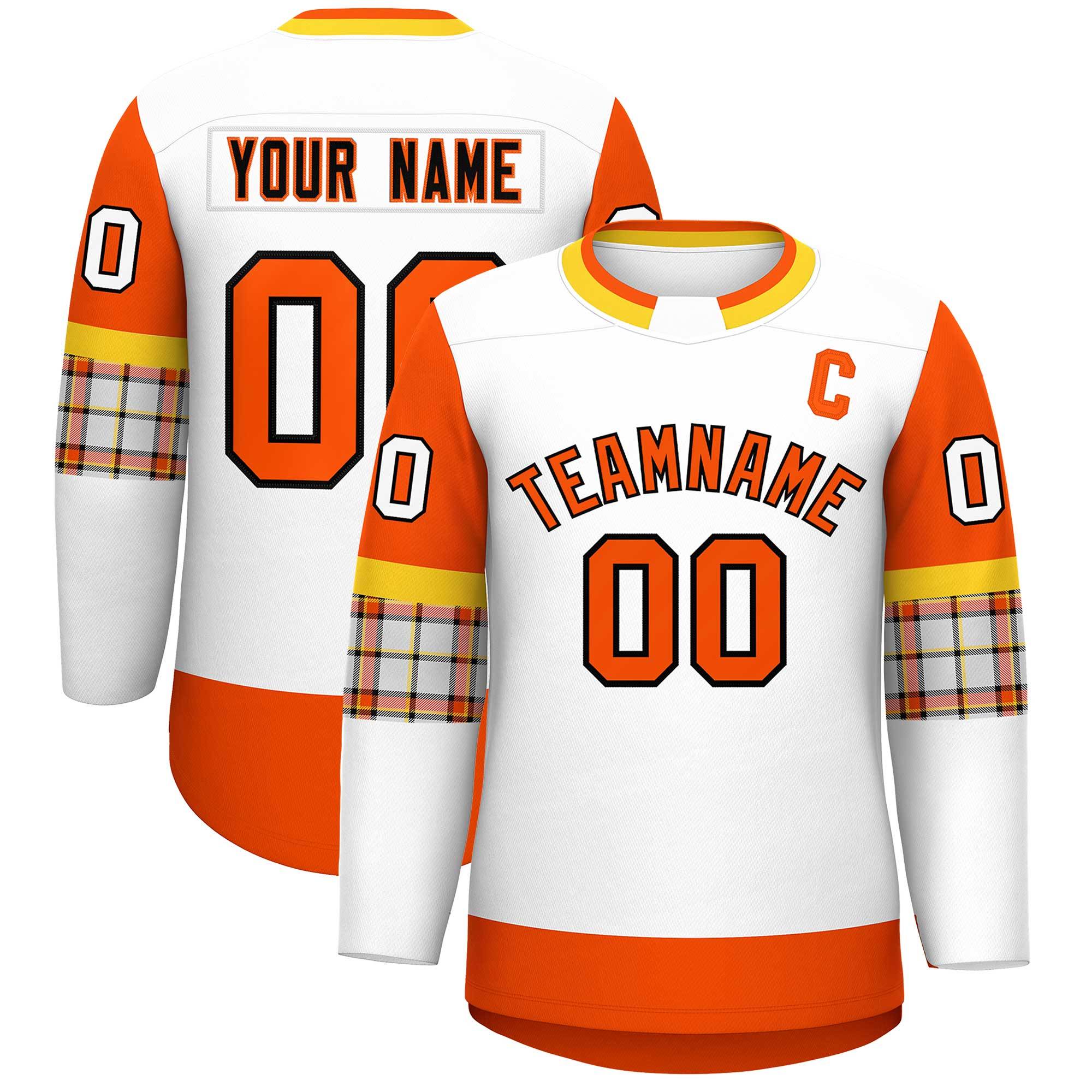 Custom White Orange Personalized Raglan Sleeves Round-Neck Hockey Jersey