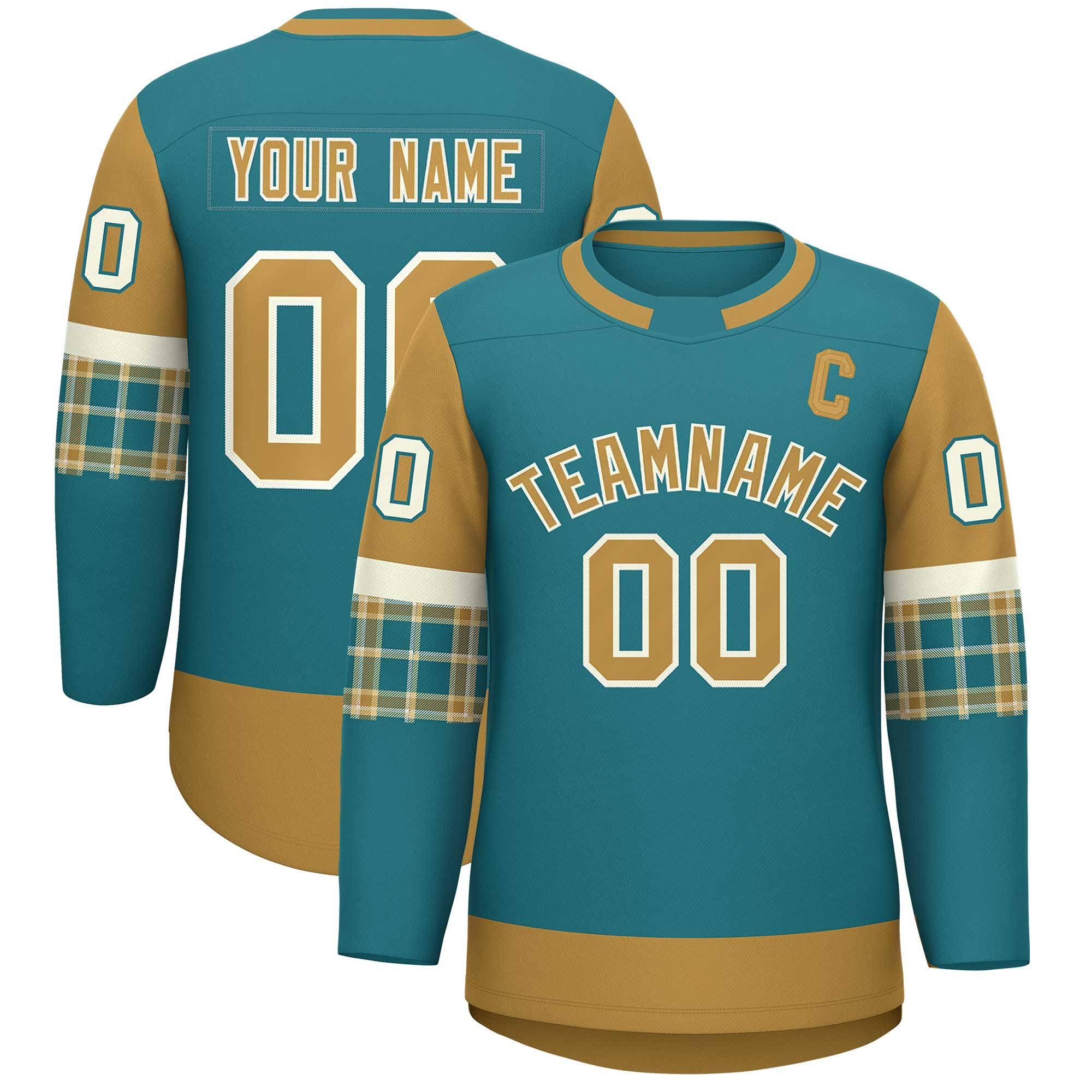 Custom Aqua Old Gold Personalized Raglan Sleeves Round-Neck Hockey Jersey