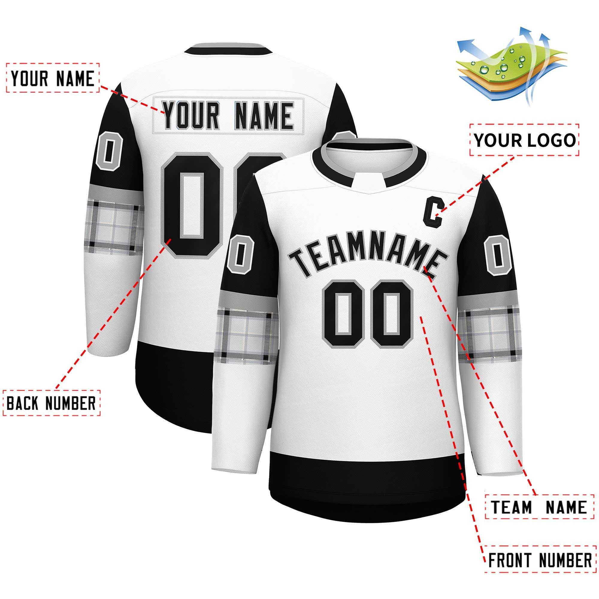 Custom White Black Personalized Raglan Sleeves Round-Neck Hockey Jersey