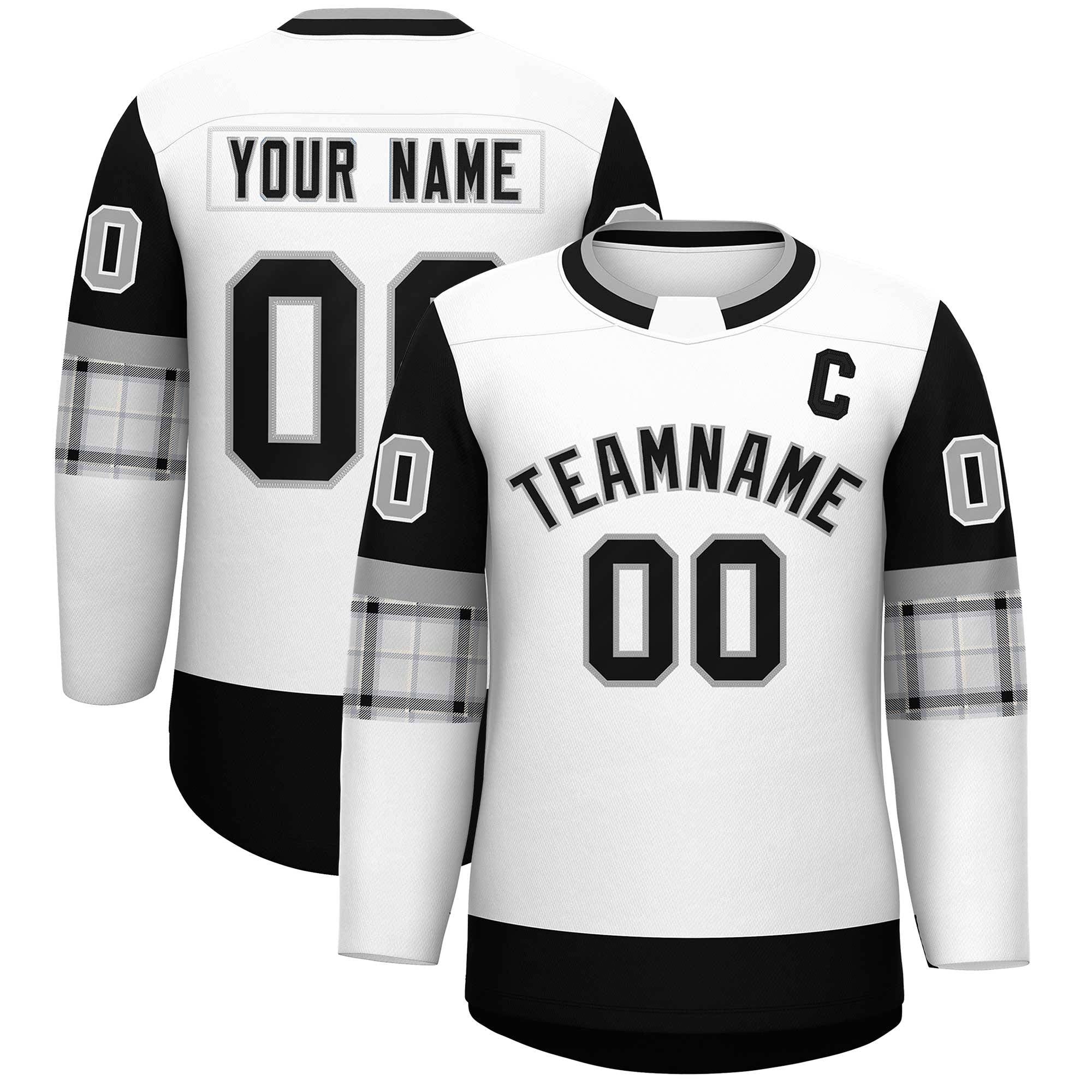 Custom White Black Personalized Raglan Sleeves Round-Neck Hockey Jersey