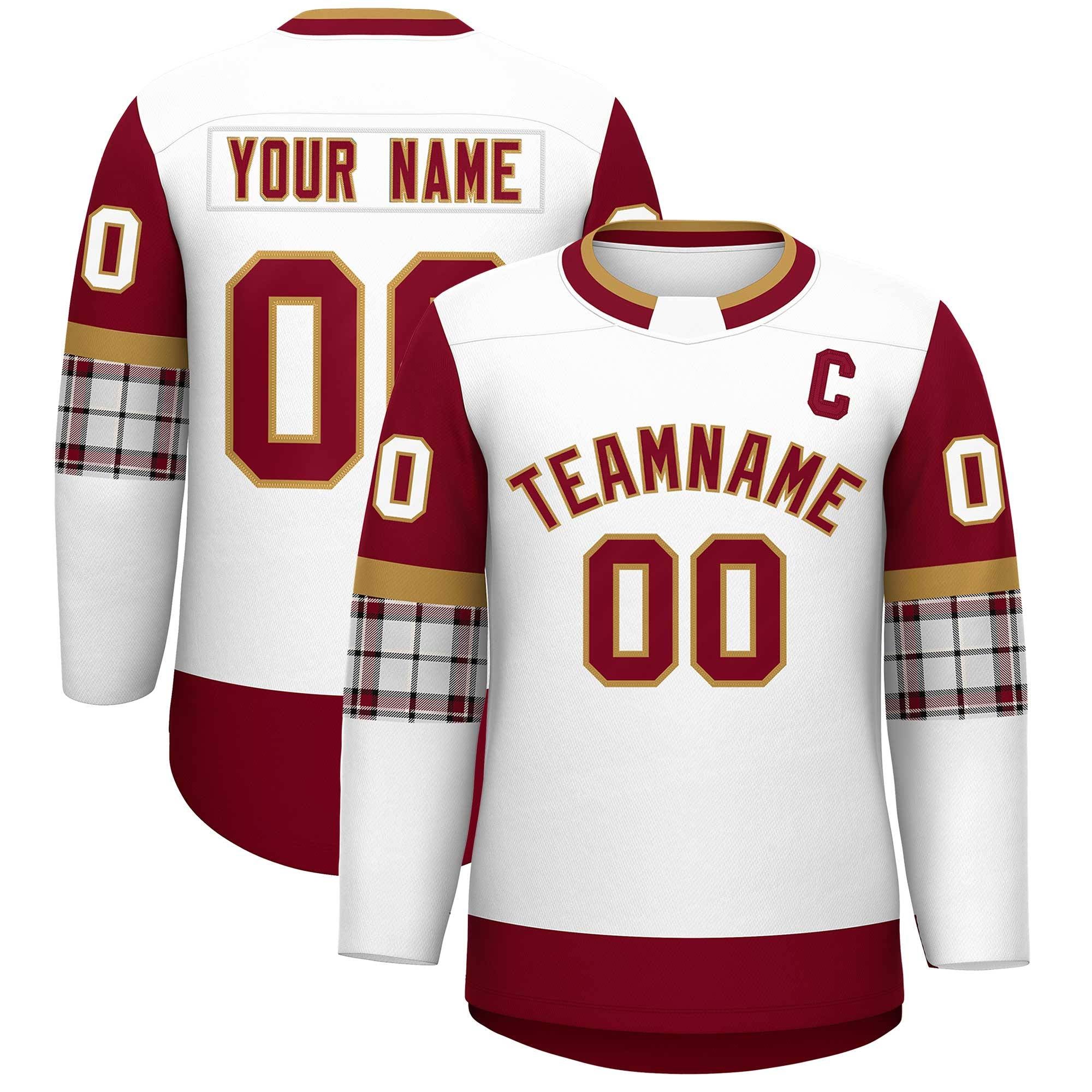 Custom White Crimson Personalized Raglan Sleeves Round-Neck Hockey Jersey