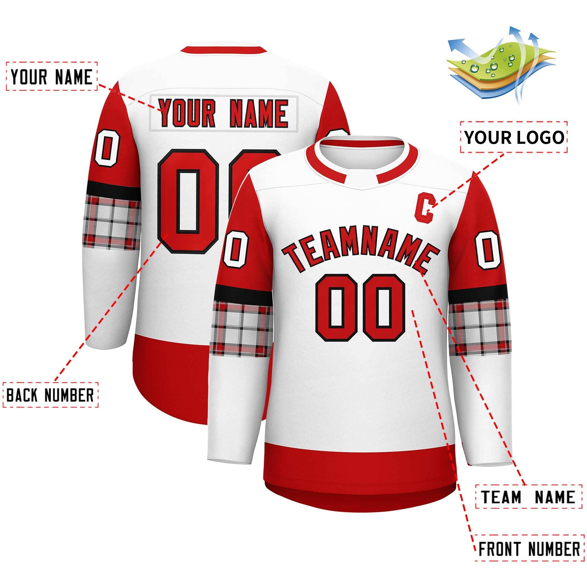 Custom White Red Personalized Raglan Sleeves Round-Neck Hockey Jersey