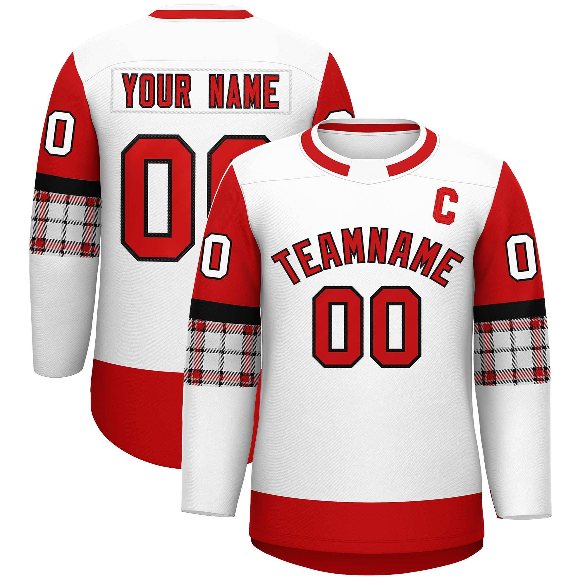 Custom White Red Personalized Raglan Sleeves Round-Neck Hockey Jersey