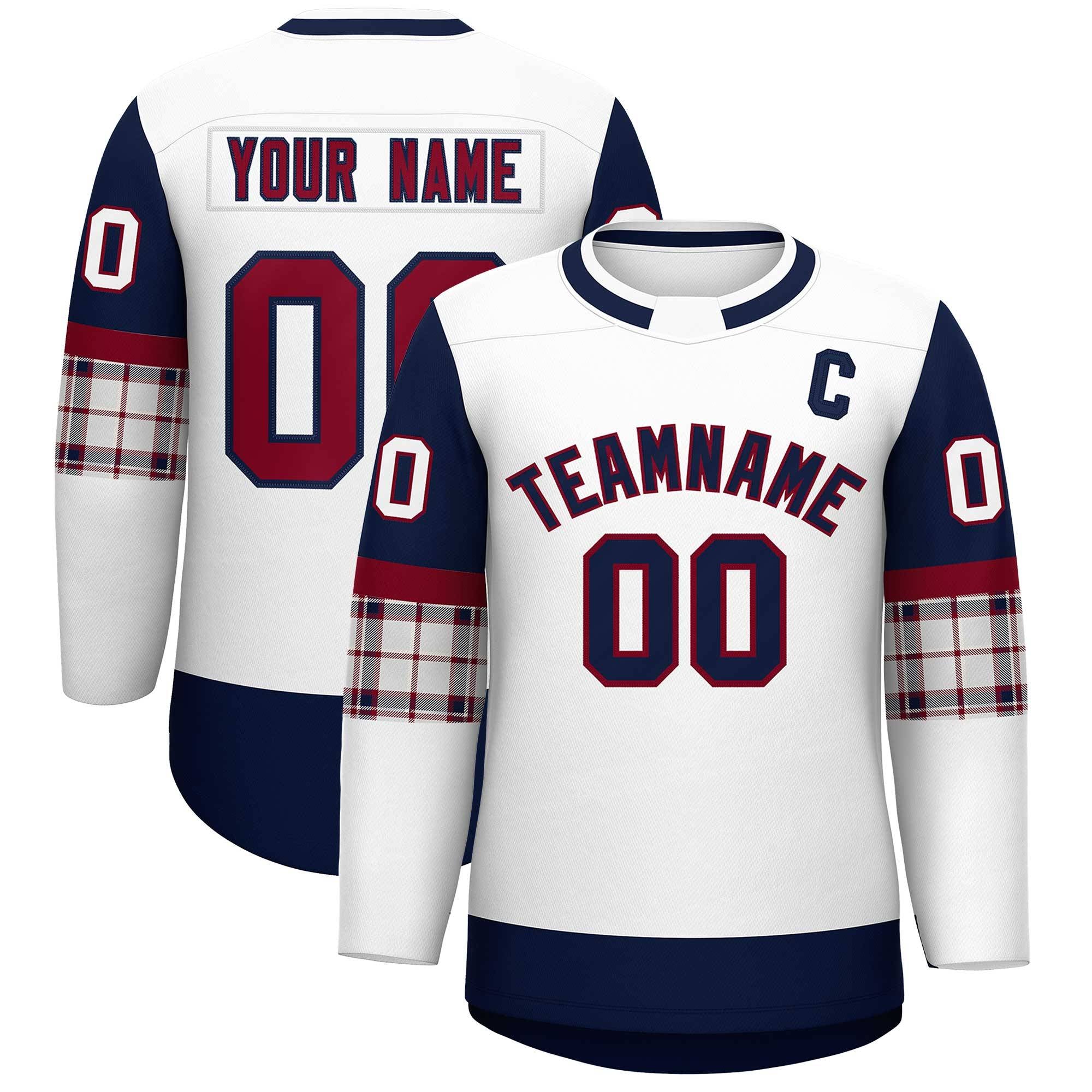 Custom White Navy Personalized Raglan Sleeves Round-Neck Hockey Jersey