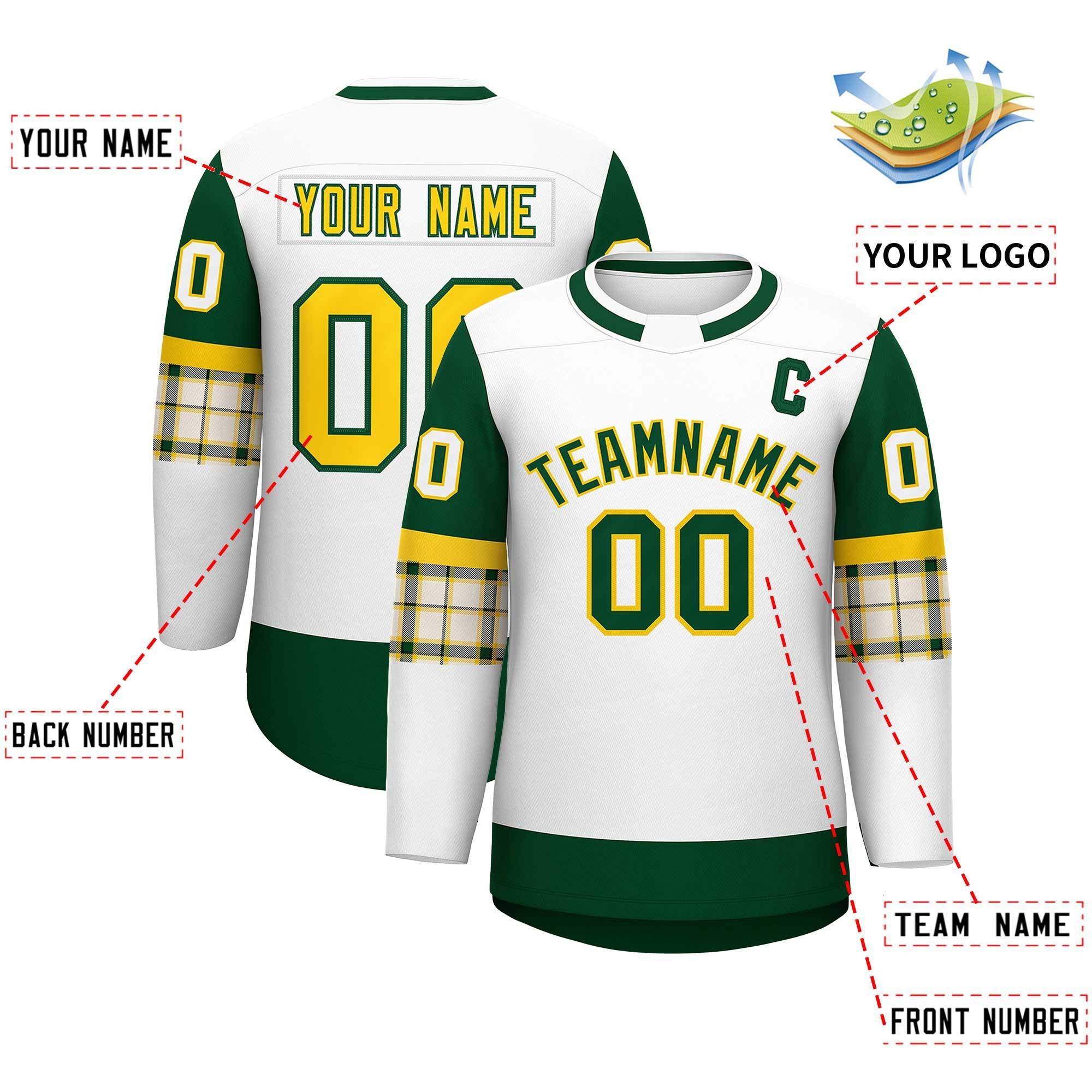 Custom White Green Personalized Raglan Sleeves Round-Neck Hockey Jersey