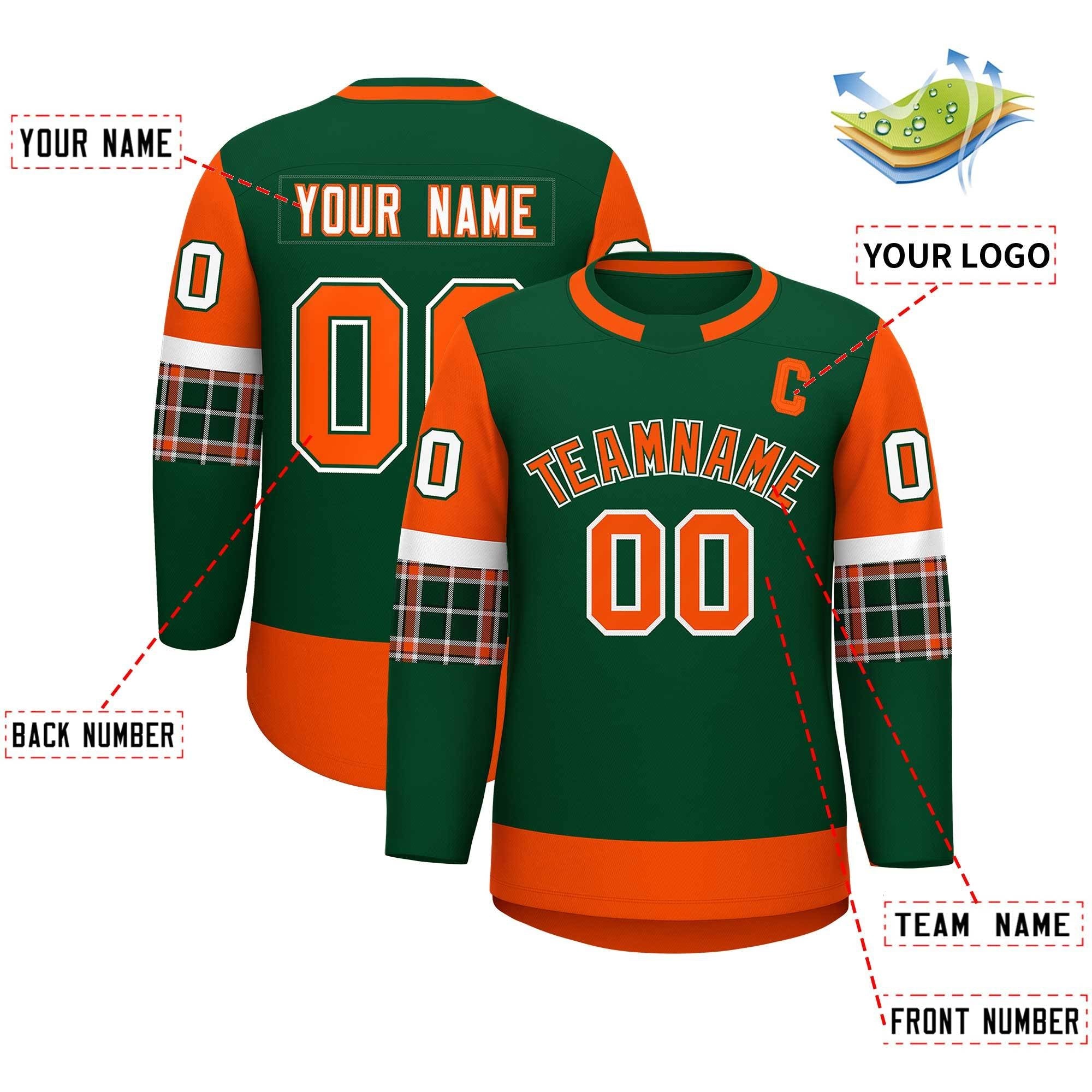 Custom Green Orange Personalized Raglan Sleeves Round-Neck Hockey Jersey