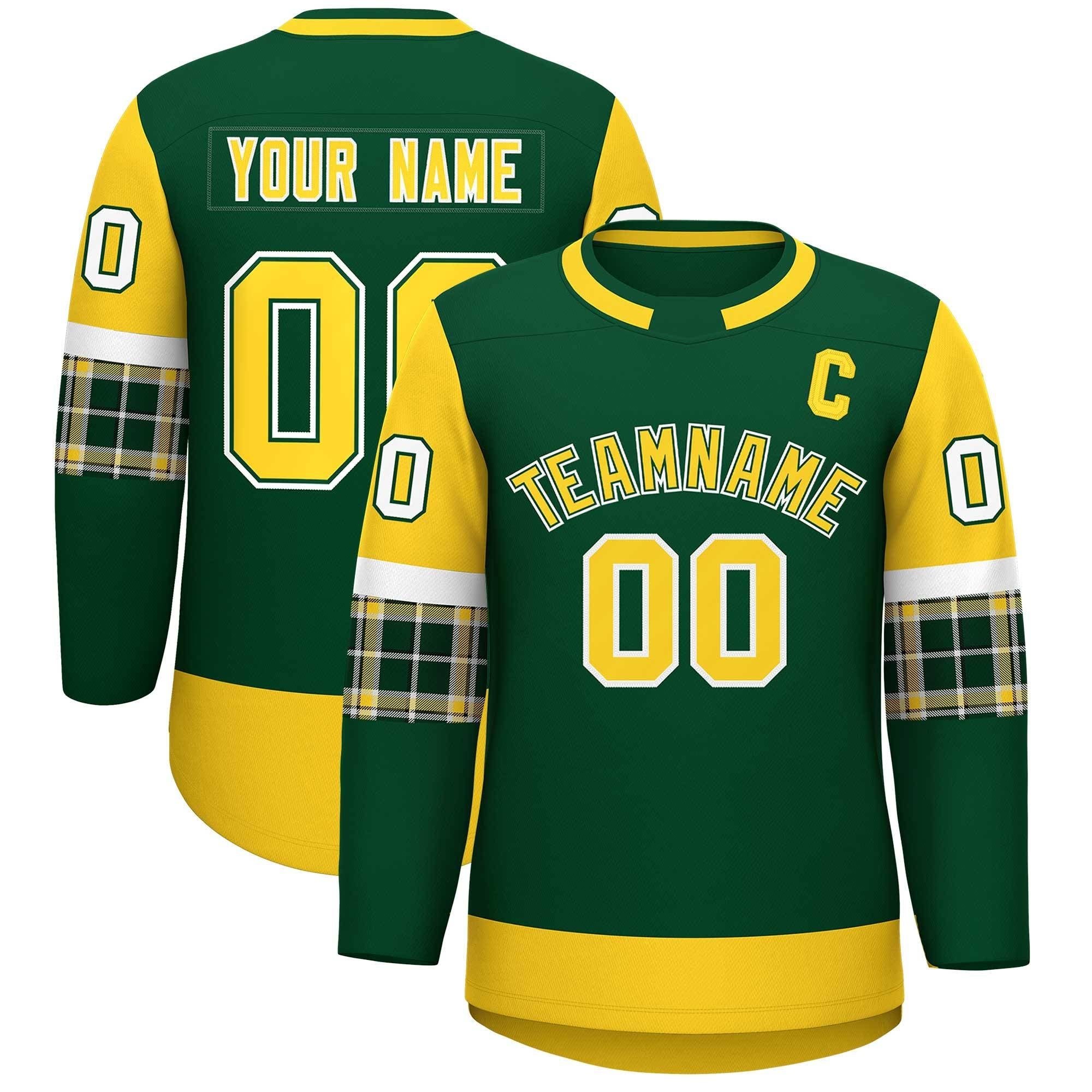 Custom Green Gold Personalized Raglan Sleeves Round-Neck Hockey Jersey