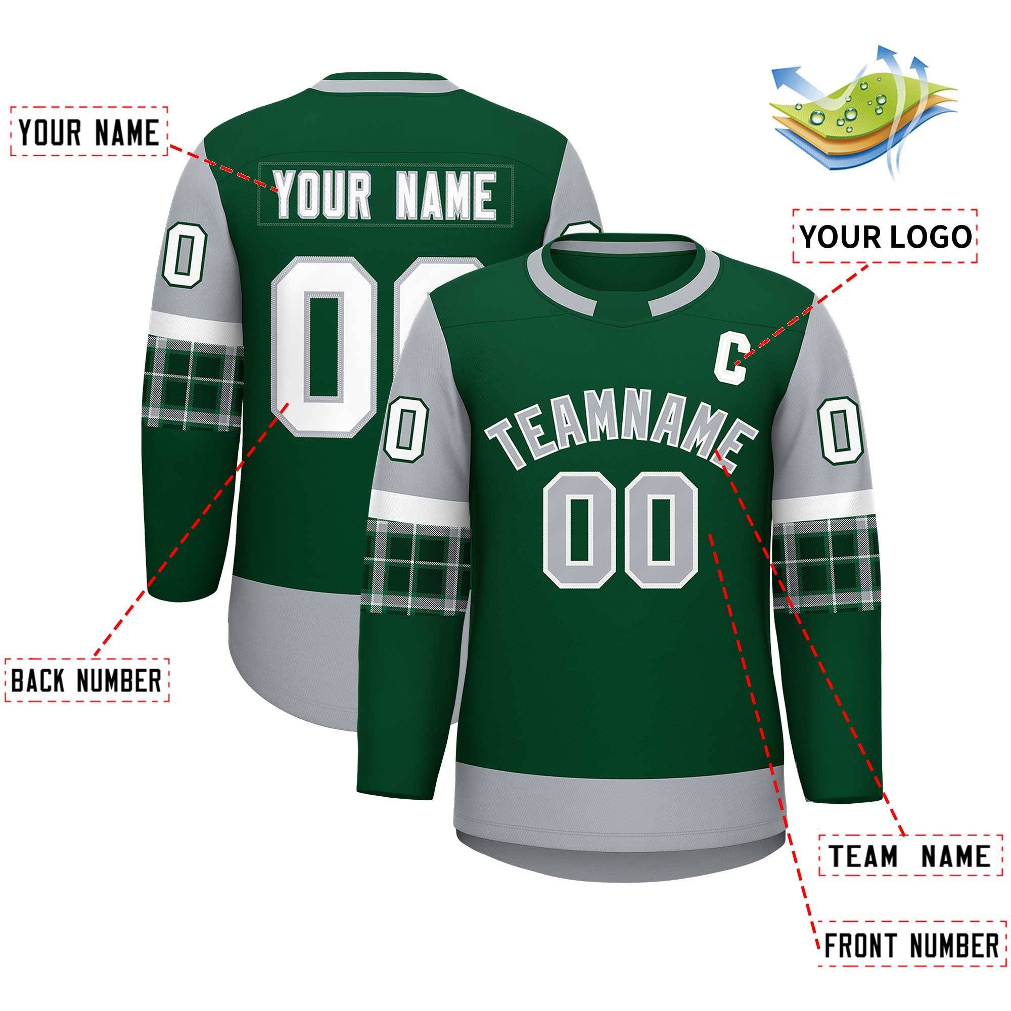 Custom Green Gray Personalized Raglan Sleeves Round-Neck Hockey Jersey