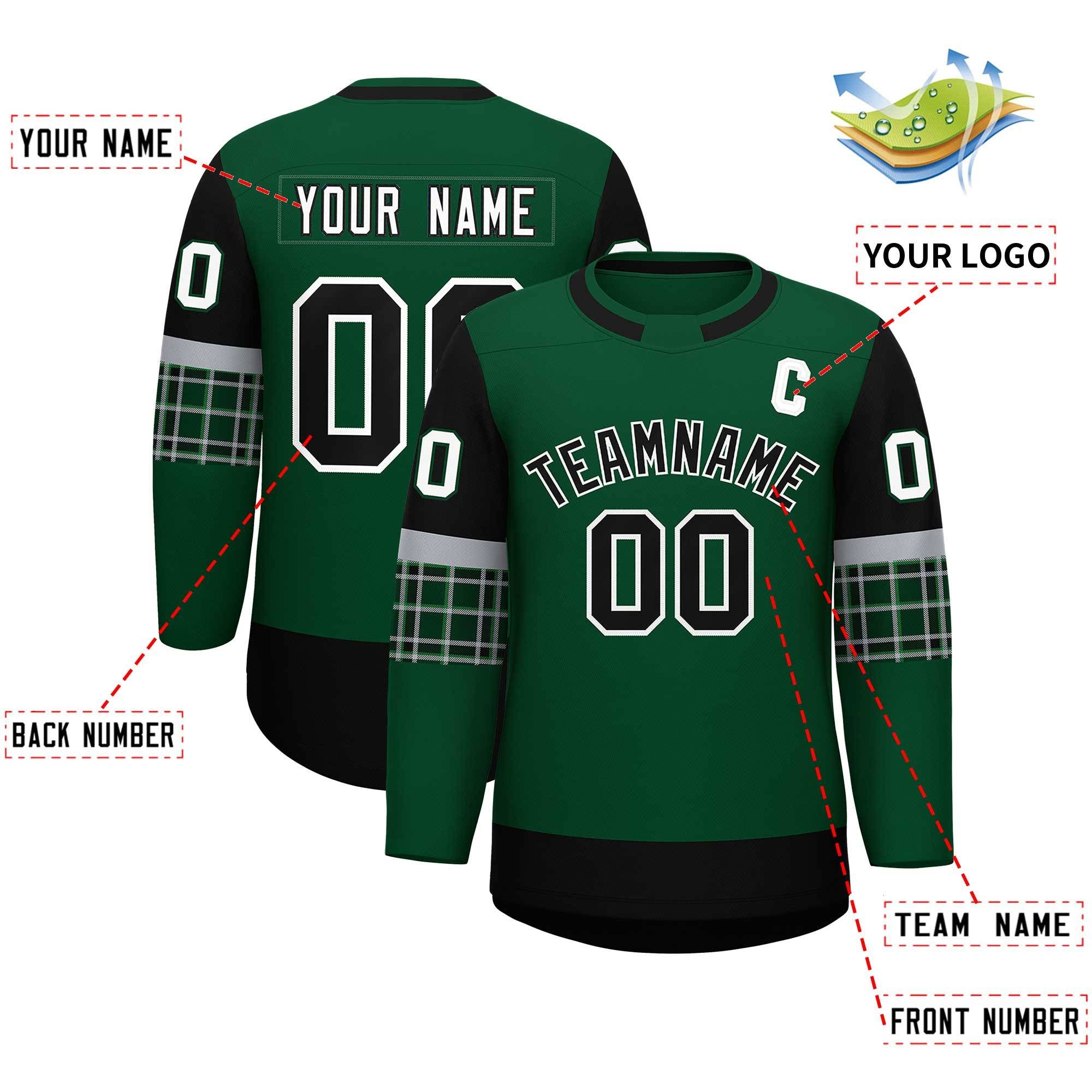 Custom Green Black Personalized Raglan Sleeves Round-Neck Hockey Jersey