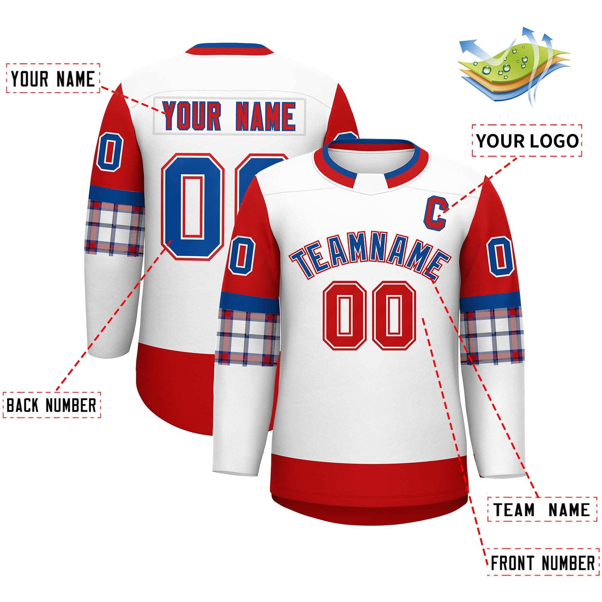 Custom White Red Personalized Raglan Sleeves Round-Neck Hockey Jersey