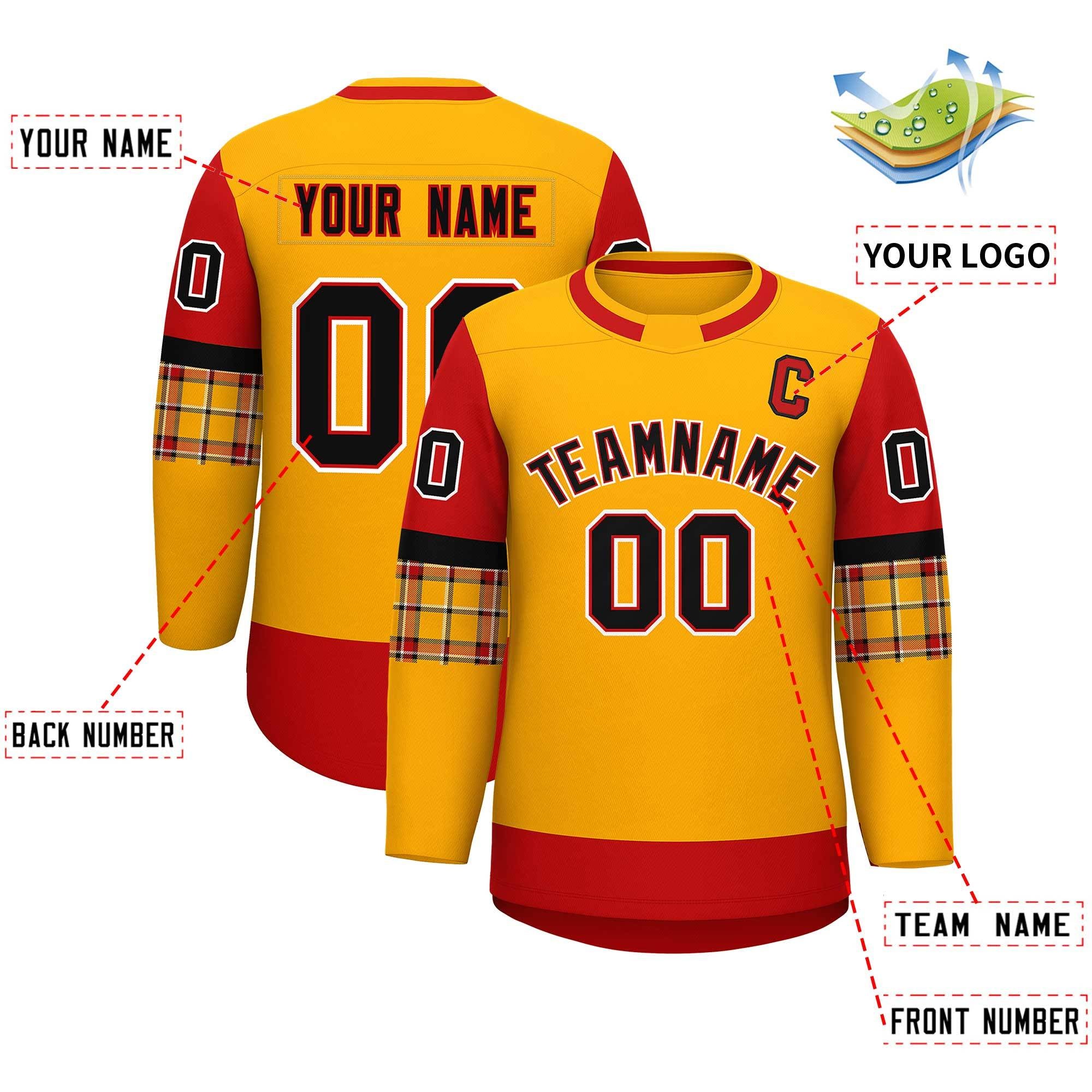 Custom Yellow Red Personalized Raglan Sleeves Round-Neck Hockey Jersey