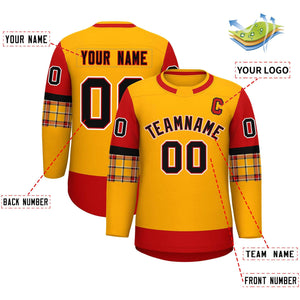 Custom Yellow Red Personalized Raglan Sleeves Round-Neck Hockey Jersey