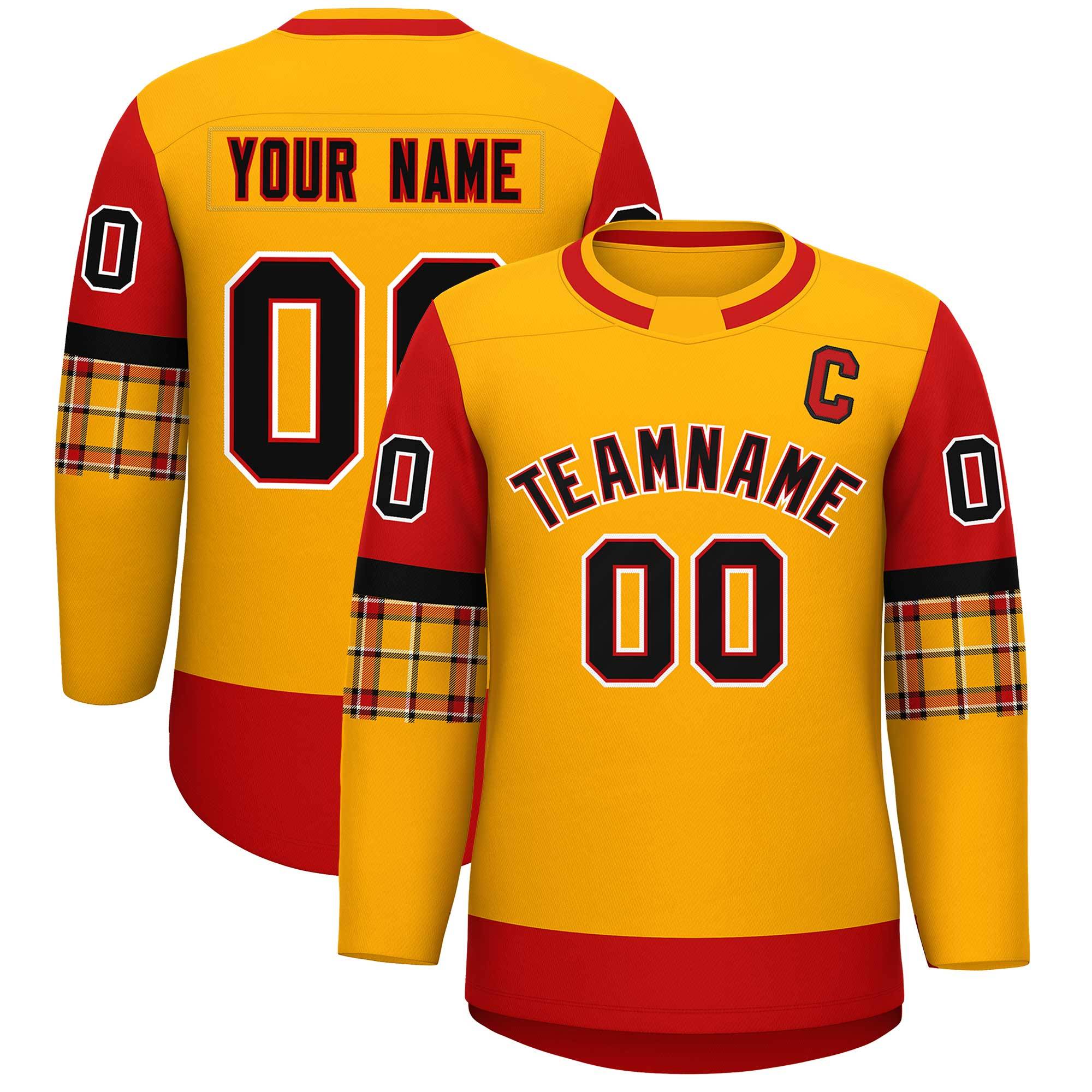 Custom Yellow Red Personalized Raglan Sleeves Round-Neck Hockey Jersey