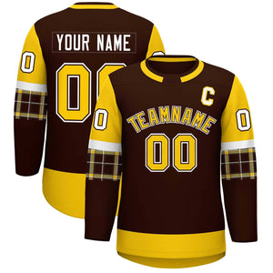 Custom Brown Gold Personalized Raglan Sleeves Round-Neck Hockey Jersey