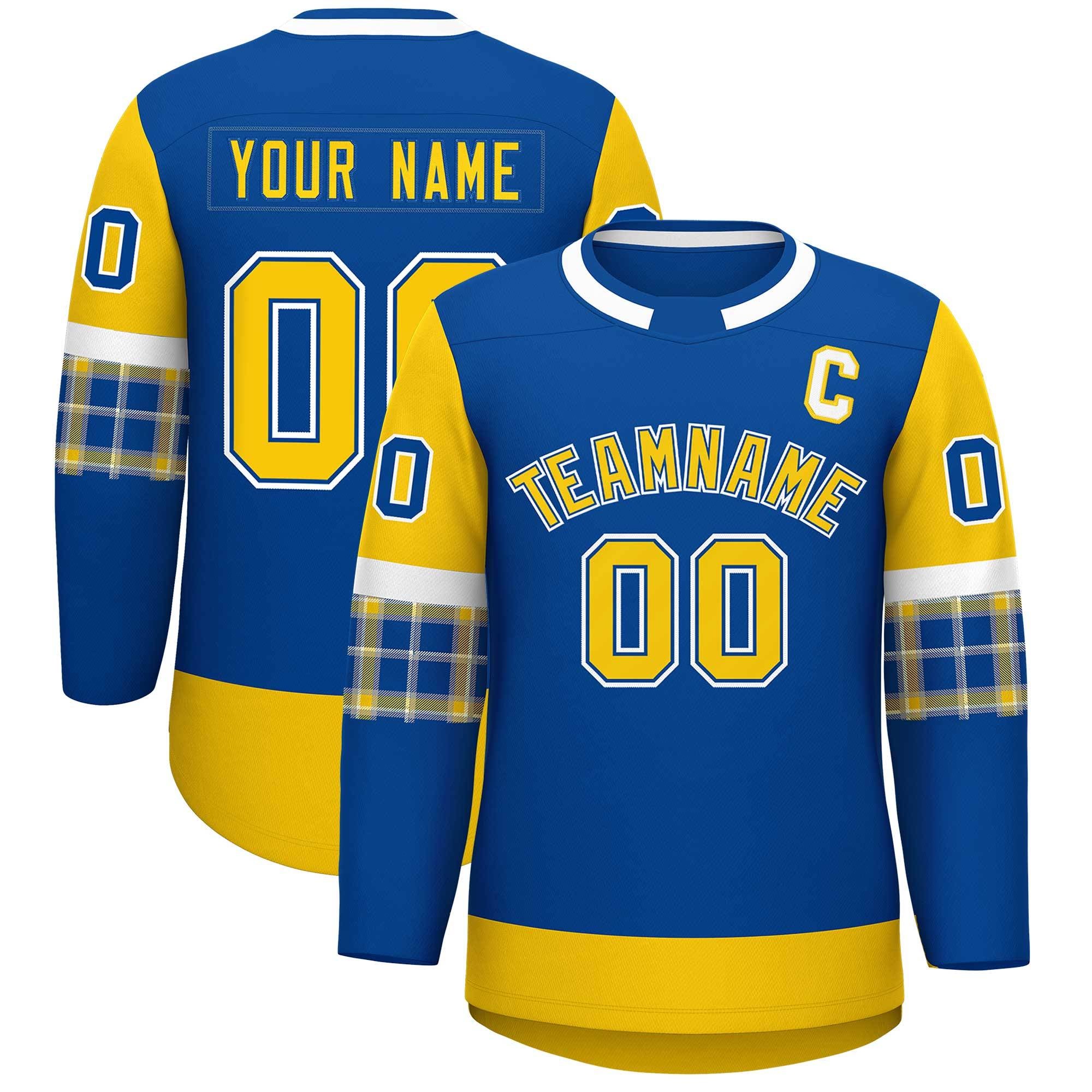 Custom Royal Gold Personalized Raglan Sleeves Round-Neck Hockey Jersey