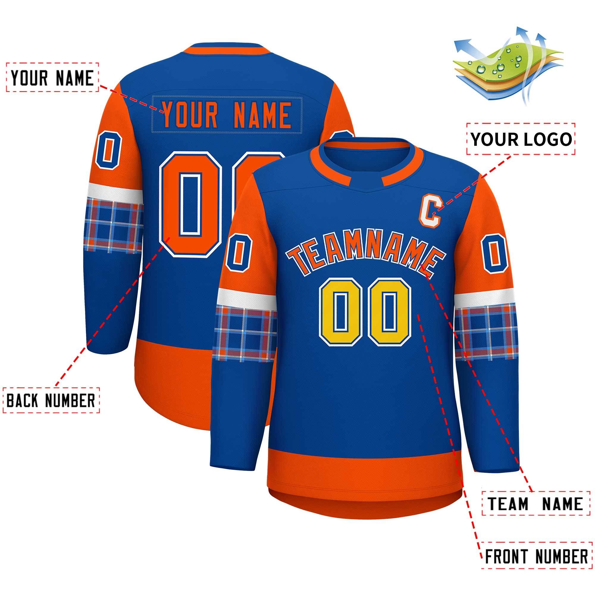 Custom Royal Orange Personalized Raglan Sleeves Round-Neck Hockey Jersey