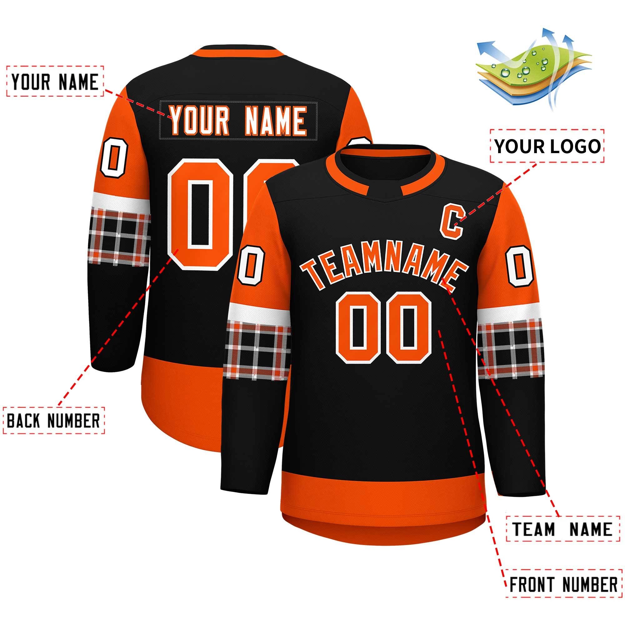 Custom Black Orange Personalized Raglan Sleeves Round-Neck Hockey Jersey