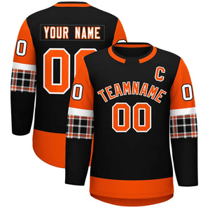 Custom Black Orange Personalized Raglan Sleeves Round-Neck Hockey Jersey